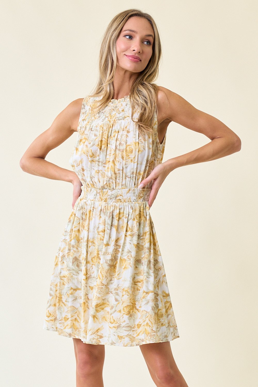Cocktail Dresses Short Sleeveless Floral Pocket Dress Lt. Mustard