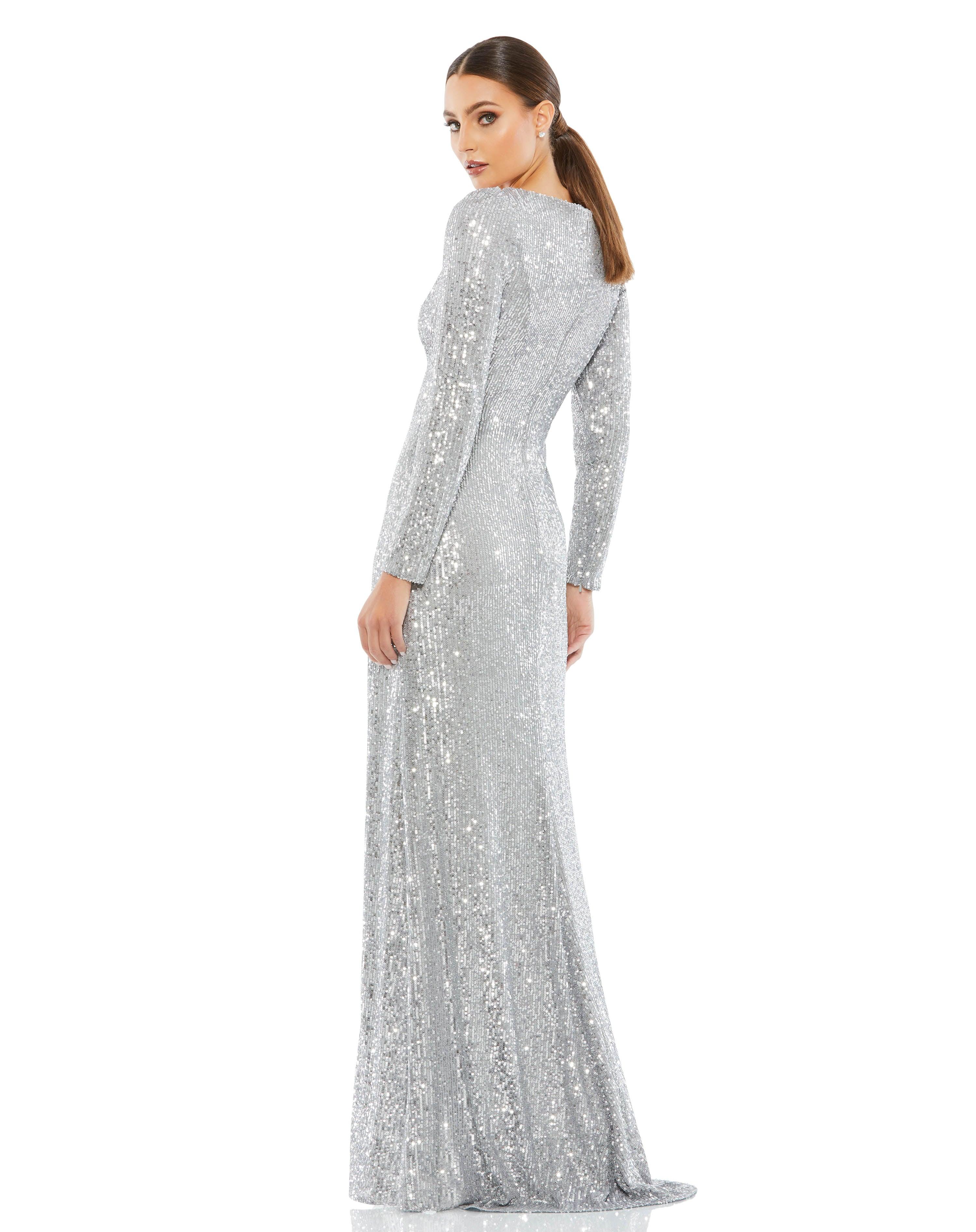 Mac Duggal Prom Long Sleeve High Low Dress Platinum
