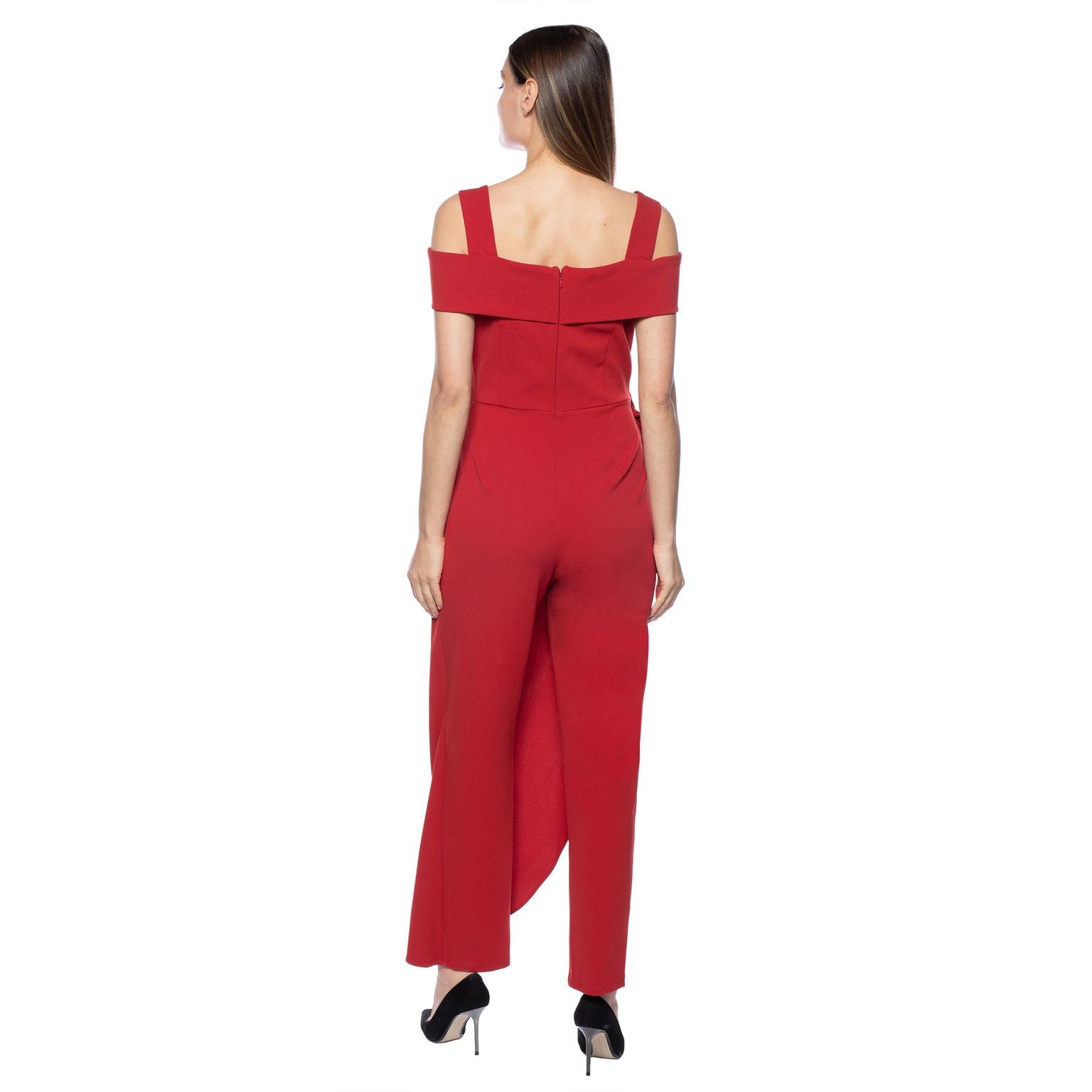 Marina   Off Shoulder Tie Side Faux Sarong Overlay Crepe Jumpsuit