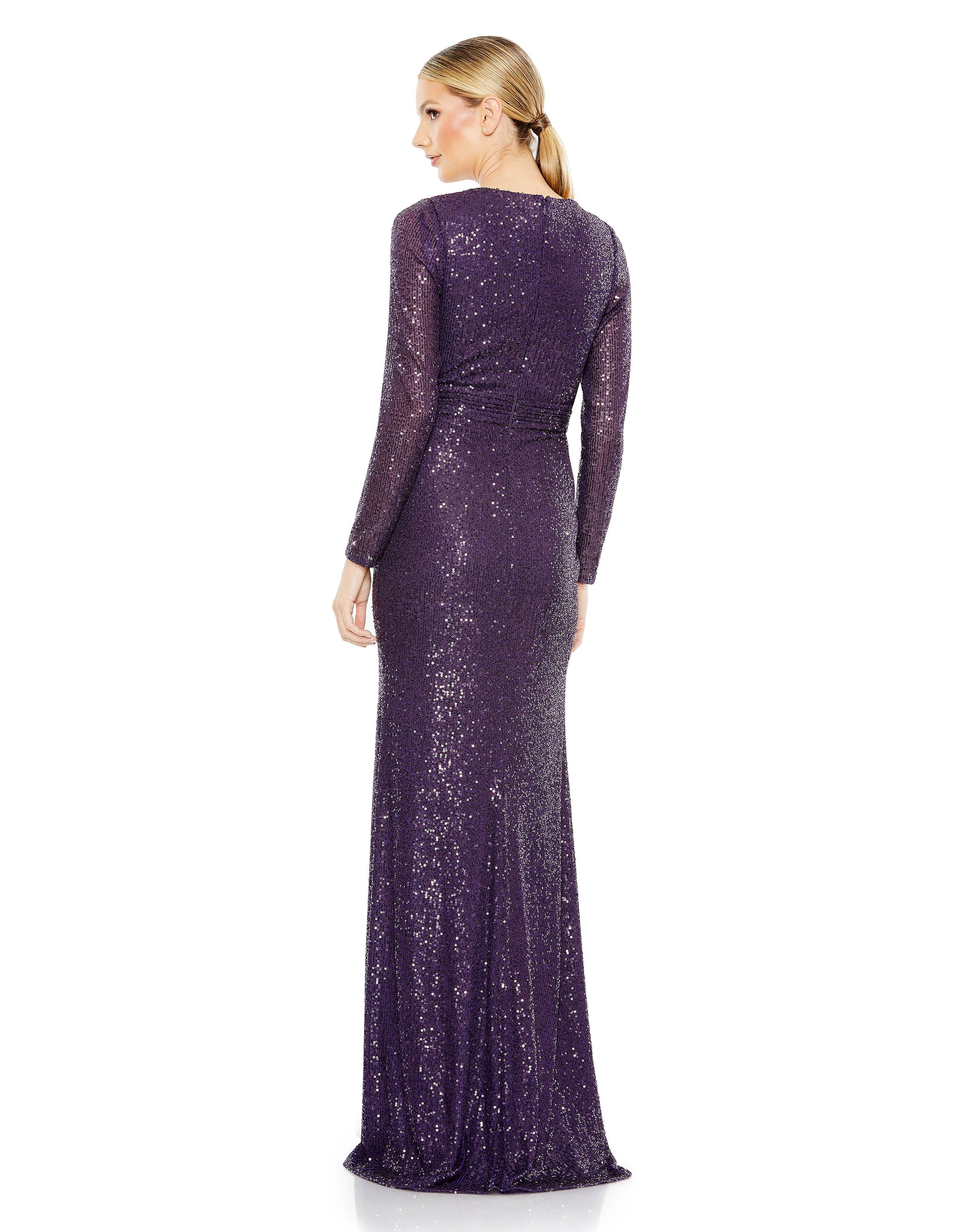 long sleeve purple sequin dress Mac Duggal Women's Sequined Long Sleeve Gown - Green