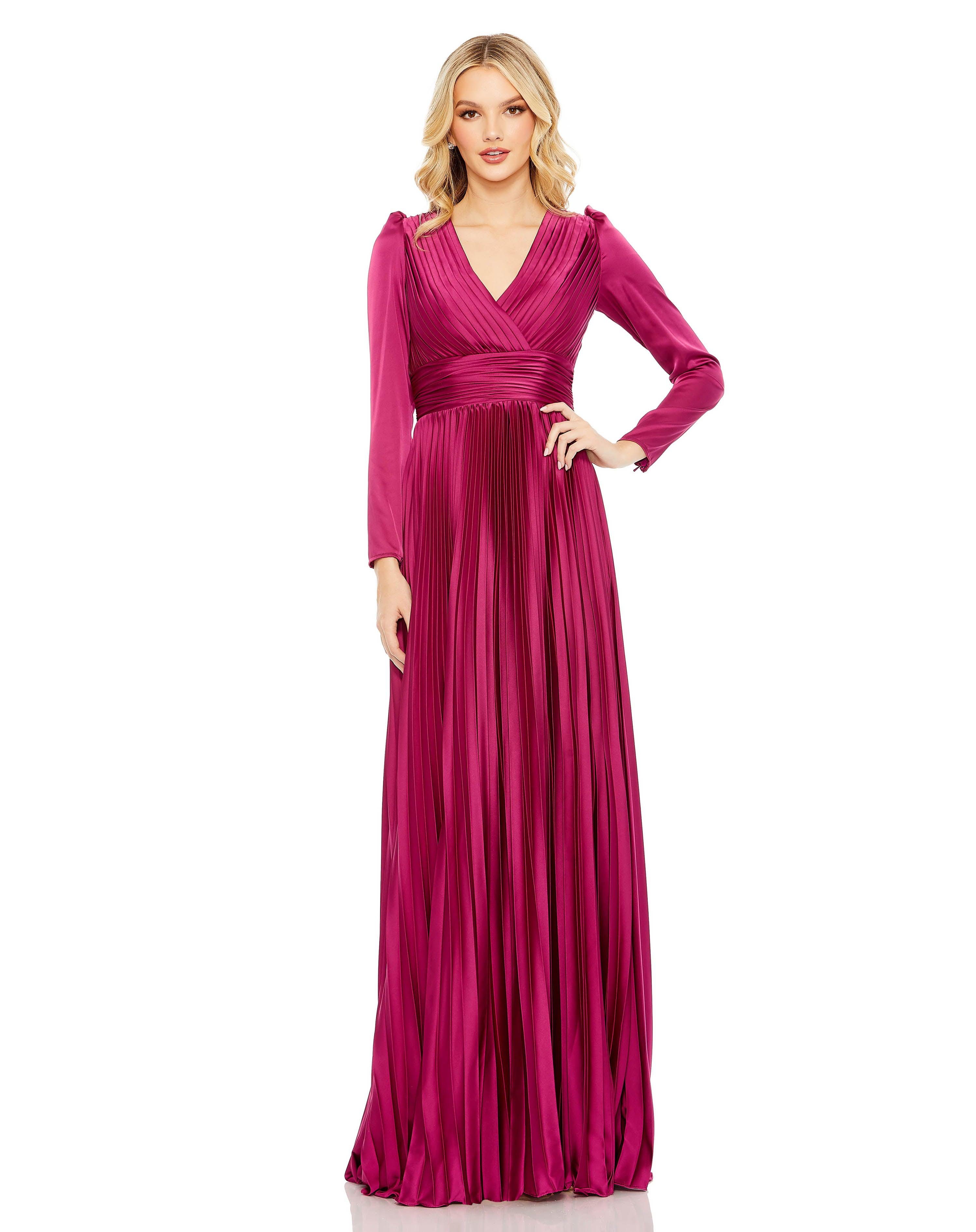 pleated long sleeve maxi dress Mac Duggal 26542 Long Sleeve Formal Pleated Dress