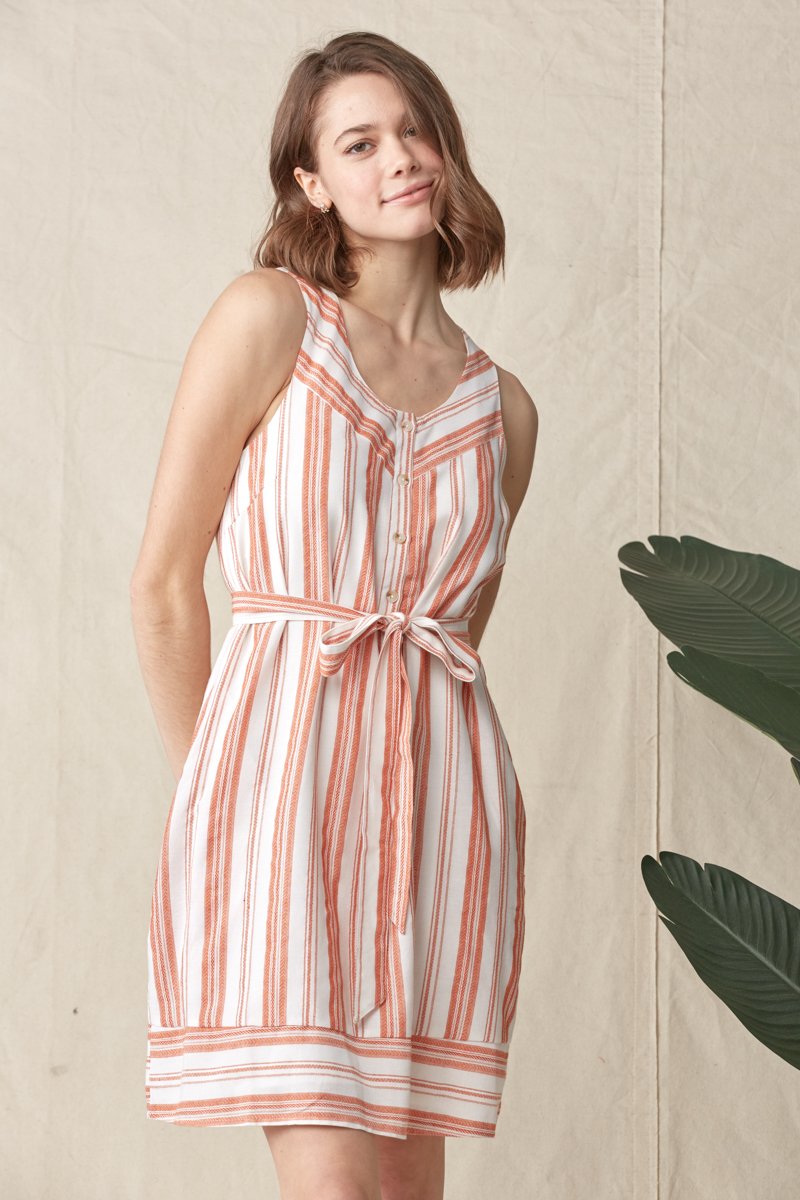 Cocktail Dresses Short Sleeveless Waist Tie Stripe Dress Burnt Orange