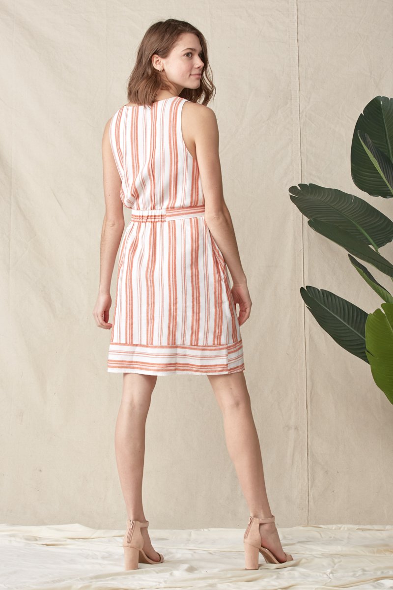 Cocktail Dresses Short Sleeveless Waist Tie Stripe Dress Burnt Orange