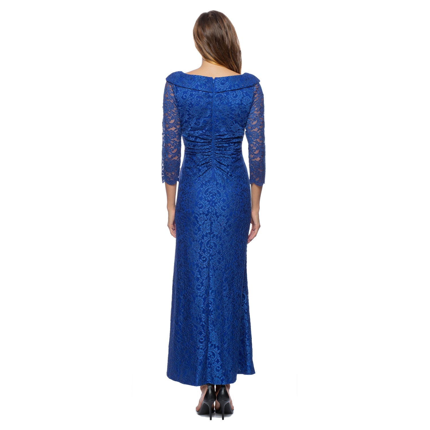 Marina  Long V Neck Shirr Lace Dress