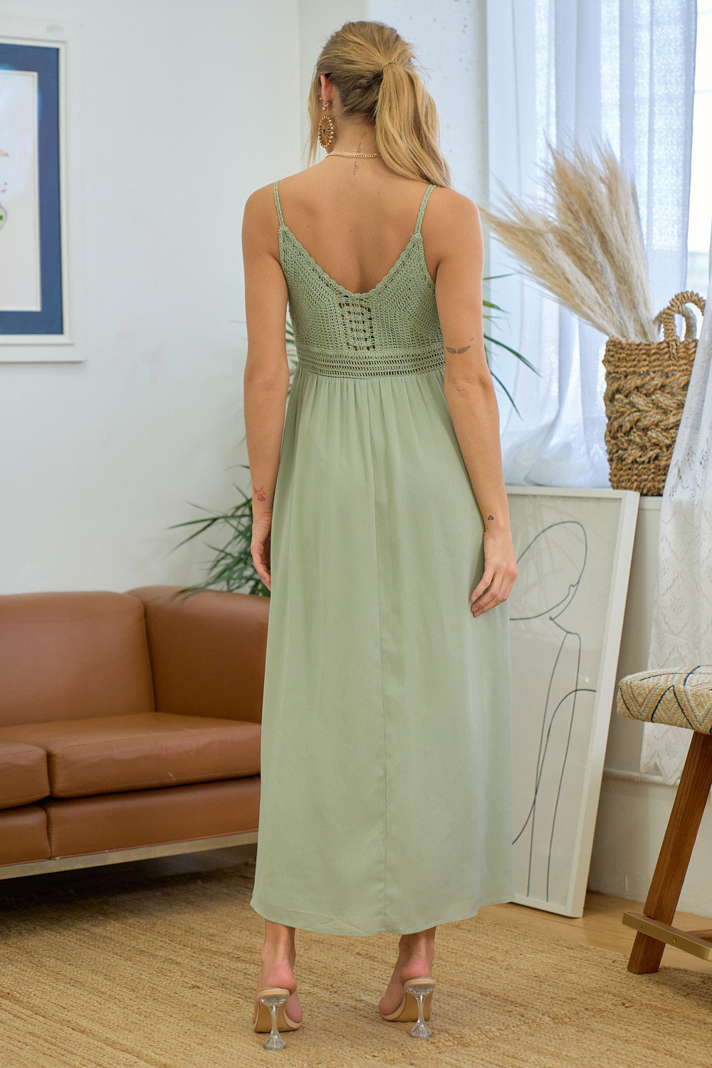 Cocktail Dresses Tea Length Crochet Top Maxi Dress Dusty sage