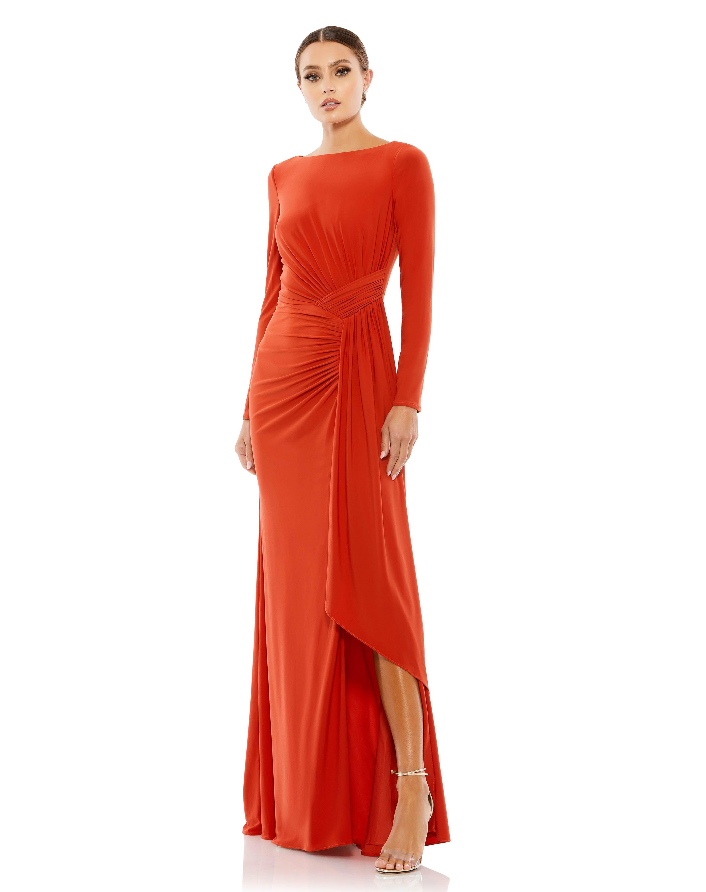 mac duggal red dress long sleeve Red Embellished High Neck Long Sleeve A Line Gown