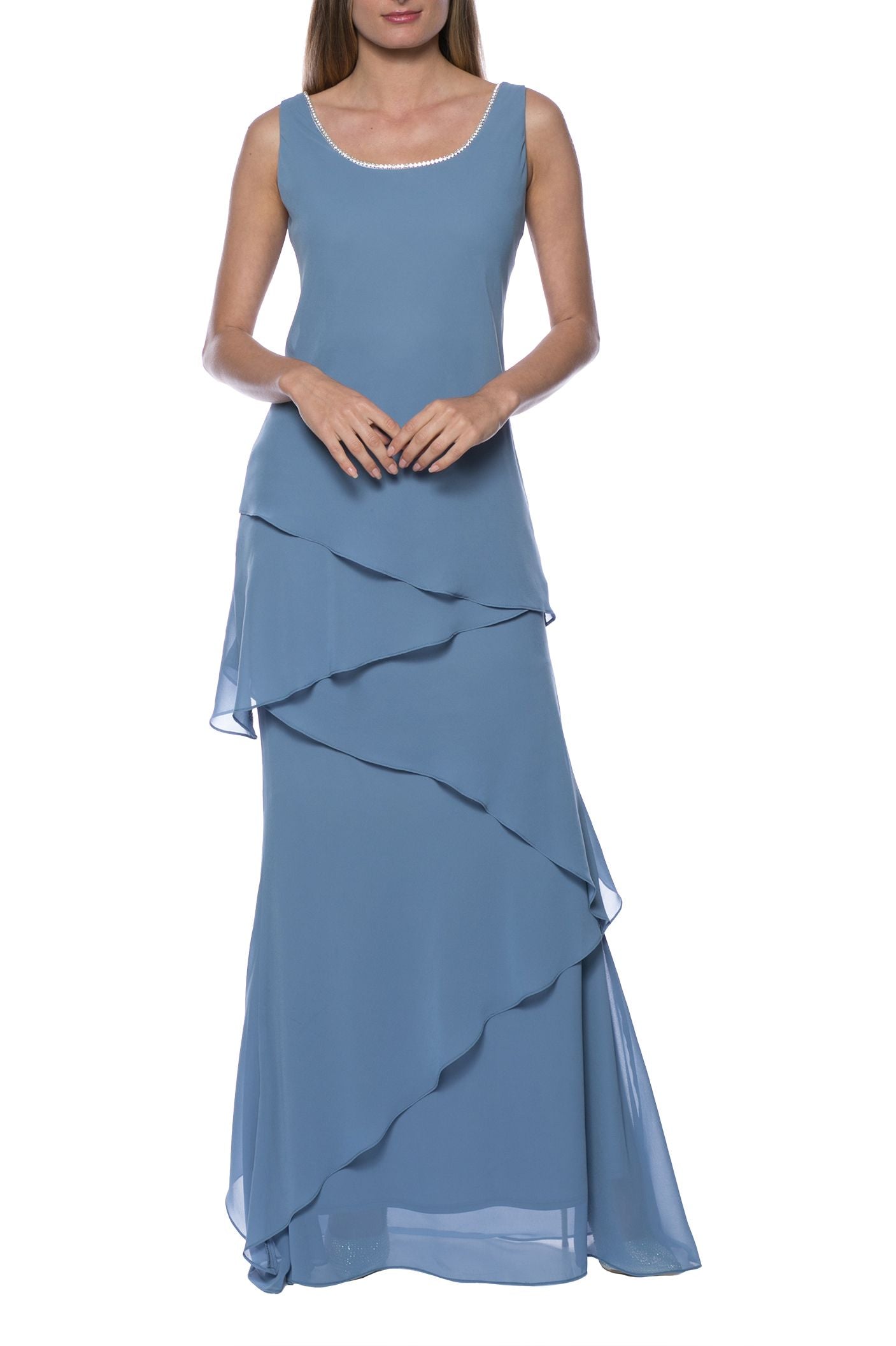 Marina  Tiered Solid Chiffon Dress with Matching Jacket Set