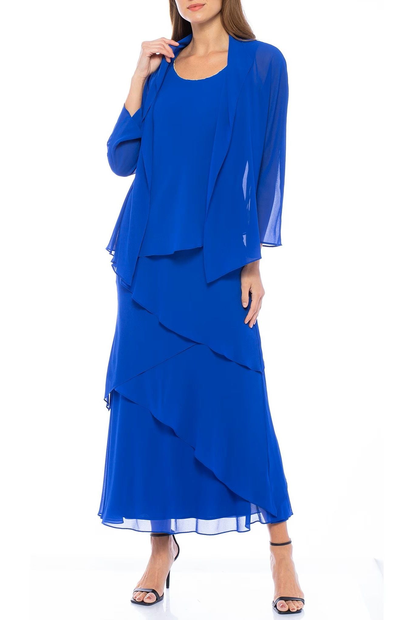 Marina  Tiered Solid Chiffon Dress with Matching Jacket Set