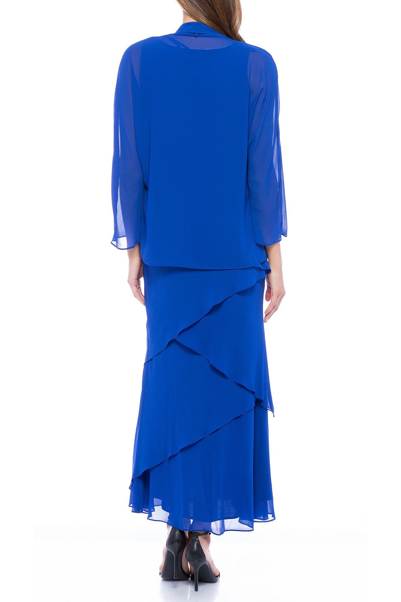 Mother of the Bride Dresses Tiered Solid Chiffon Dress with Matching Jacket Set Cobalt