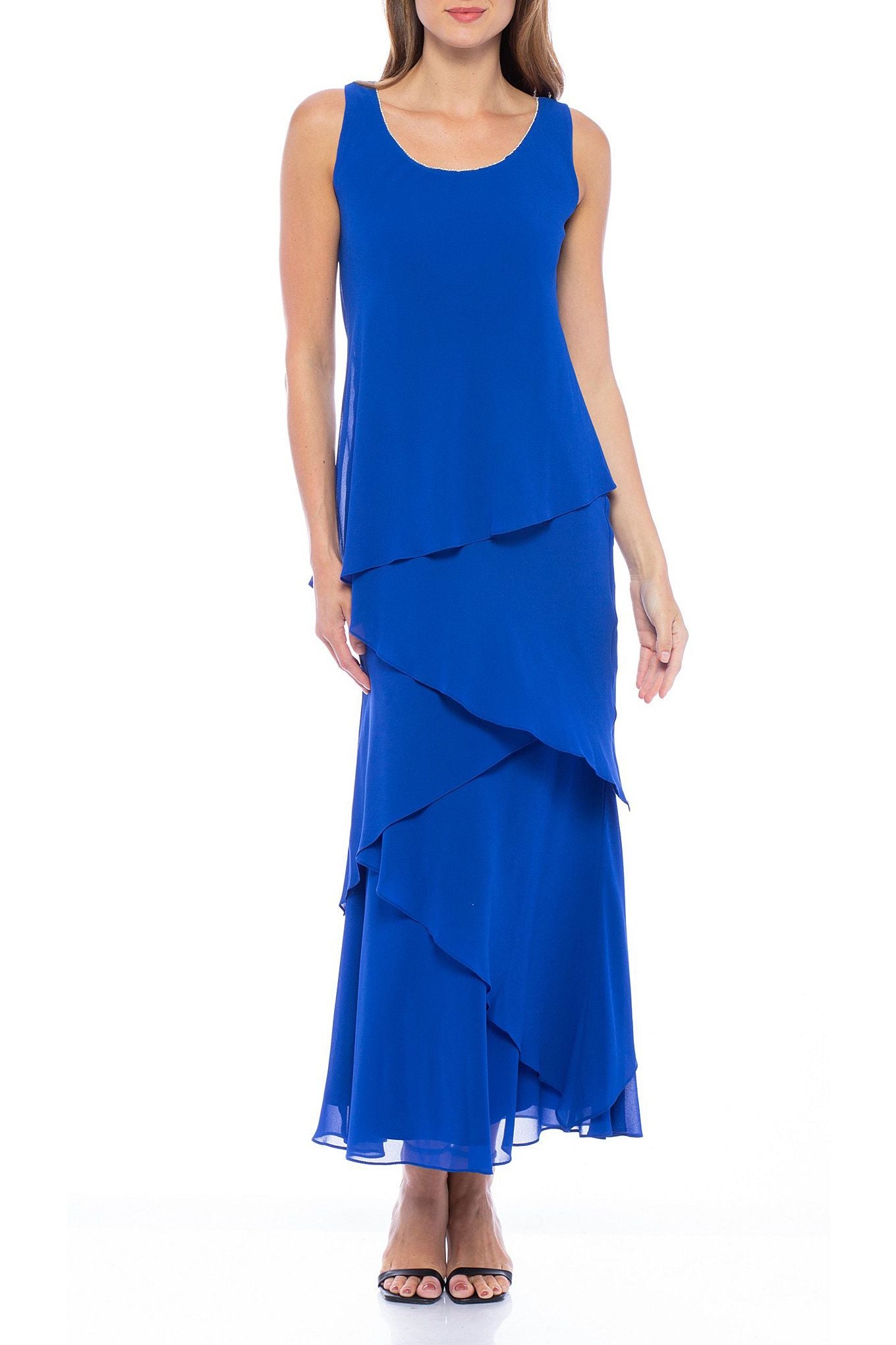 Marina  Tiered Solid Chiffon Dress with Matching Jacket Set