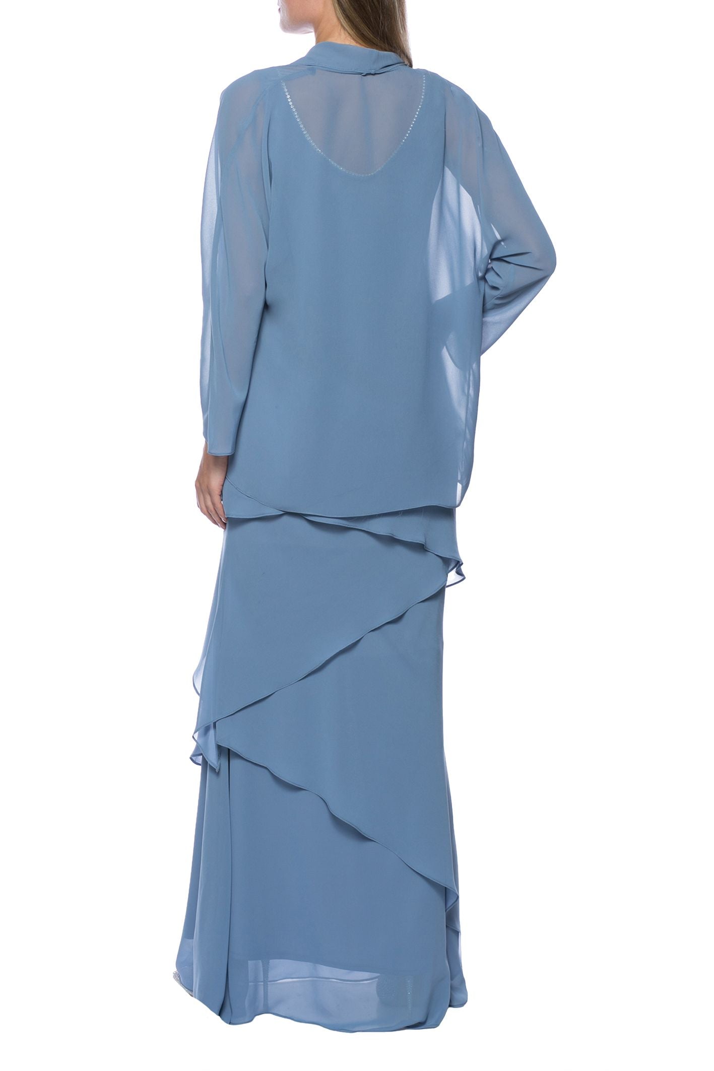 Marina  Tiered Solid Chiffon Dress with Matching Jacket Set