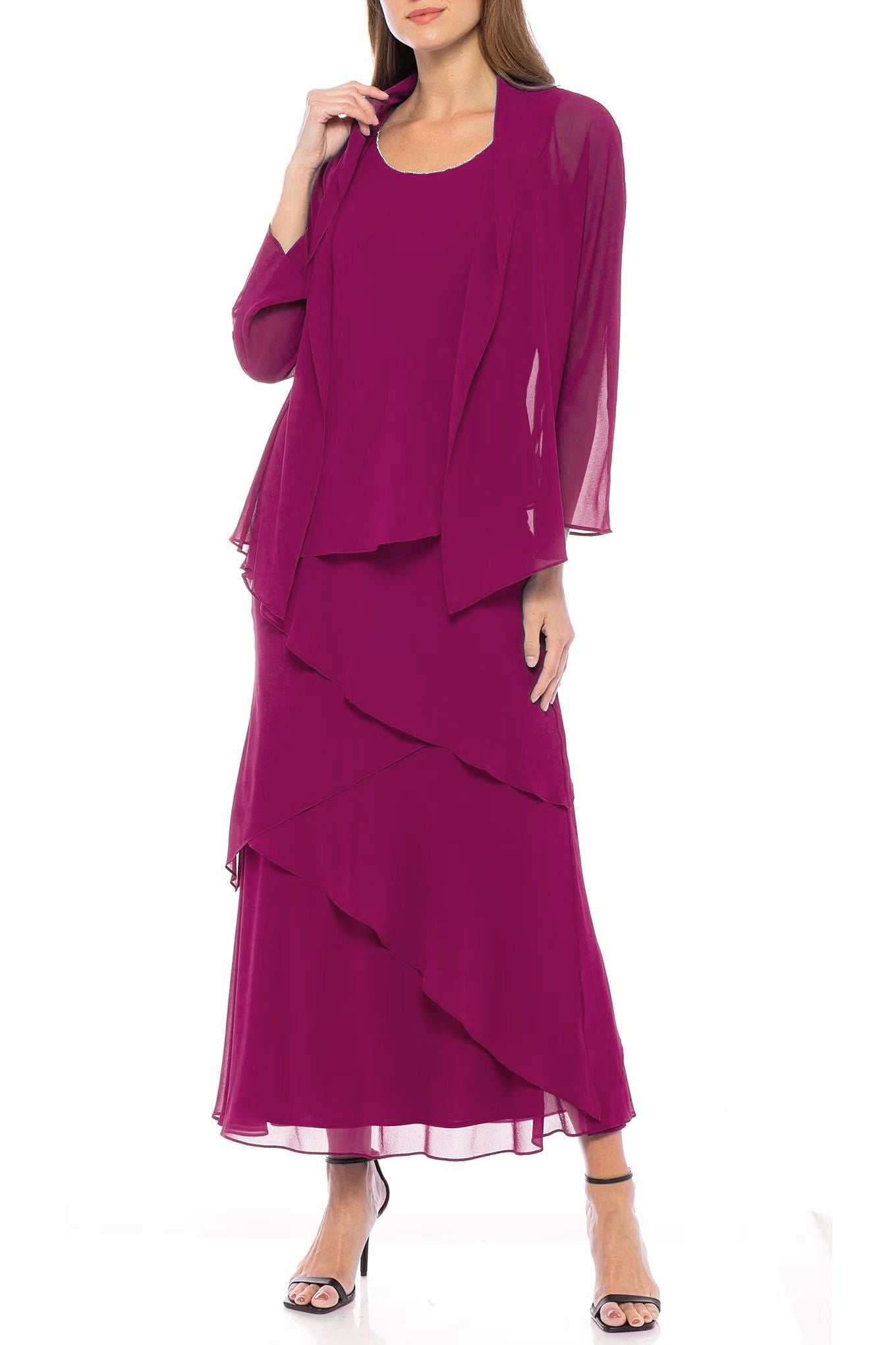 Mother of the Bride Dresses Tiered Solid Chiffon Dress with Matching Jacket Set Fuchsia