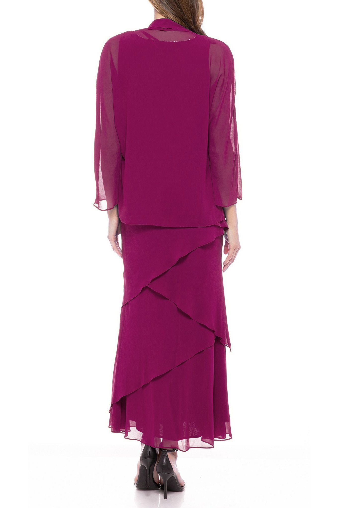 Marina  Tiered Solid Chiffon Dress with Matching Jacket Set