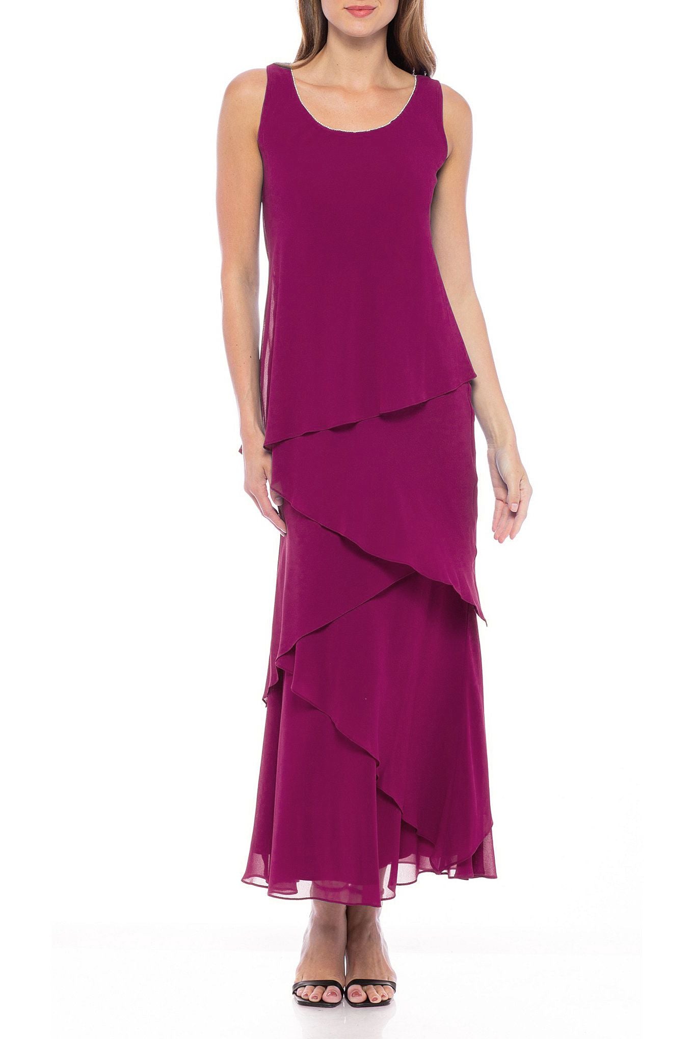 Marina  Tiered Solid Chiffon Dress with Matching Jacket Set