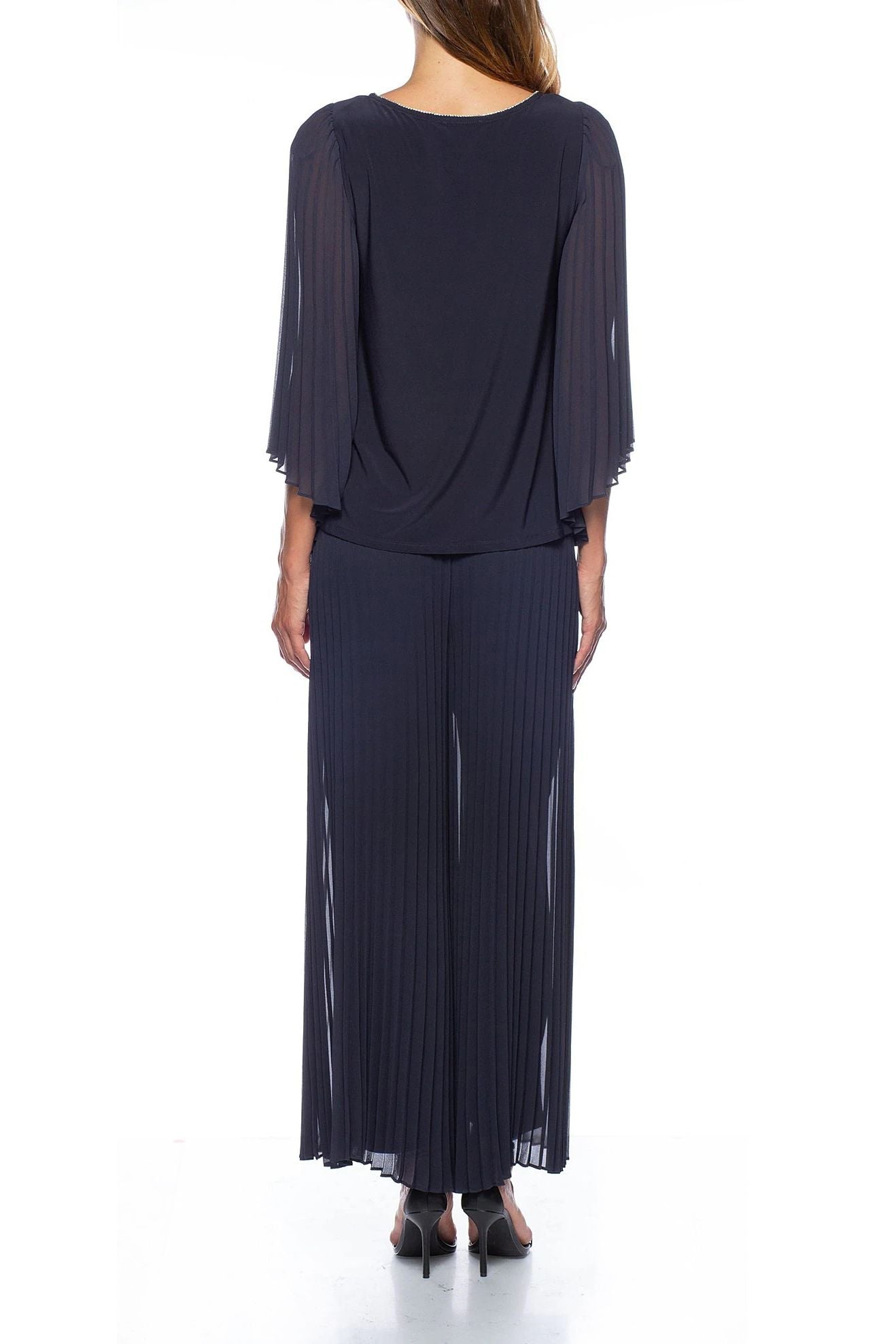Marina  Pleated Chiffon Illusion Wing Sleeve Pant Set