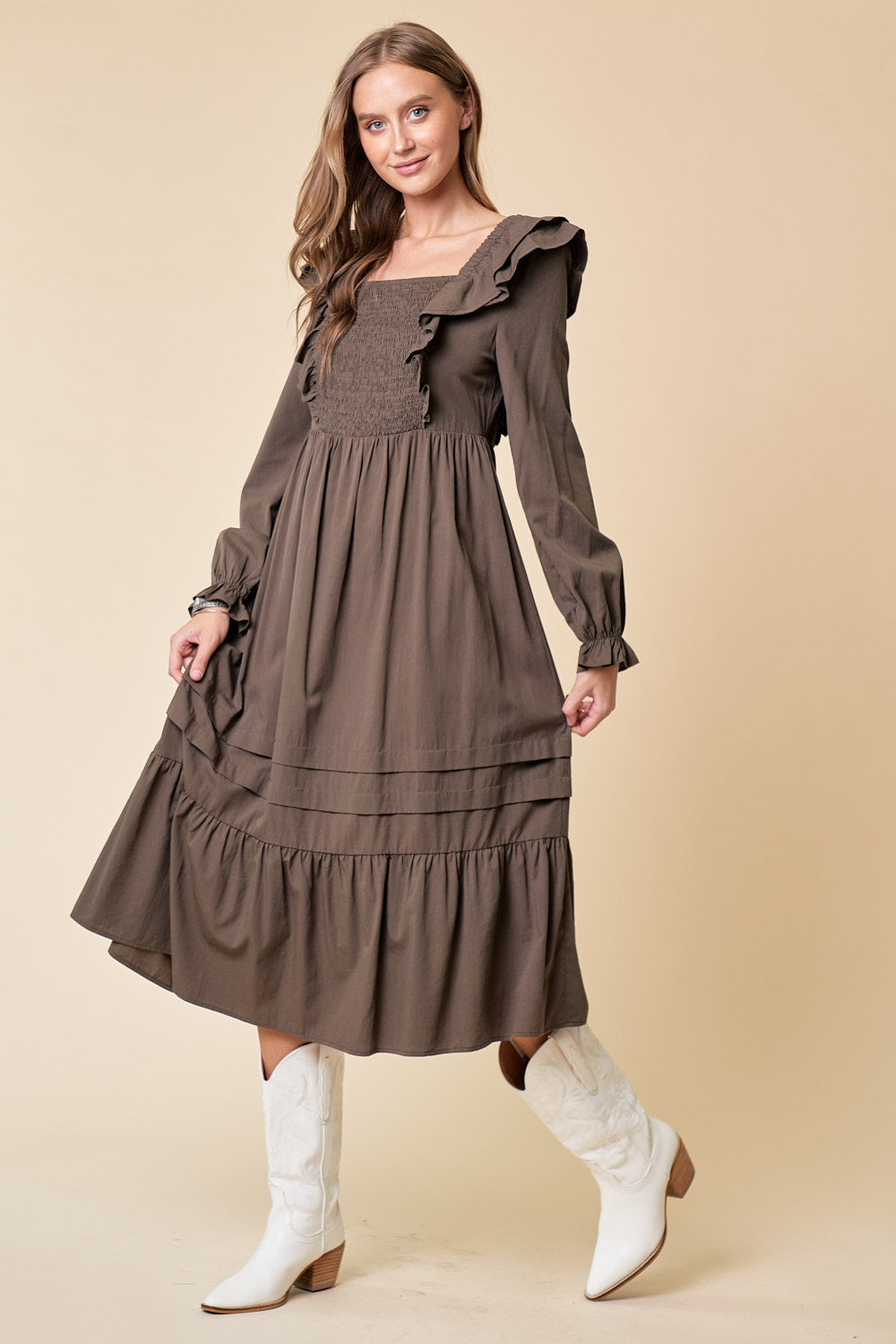 Cocktail Dresses Long Sleeve Tiered Midi Length Dress Olive