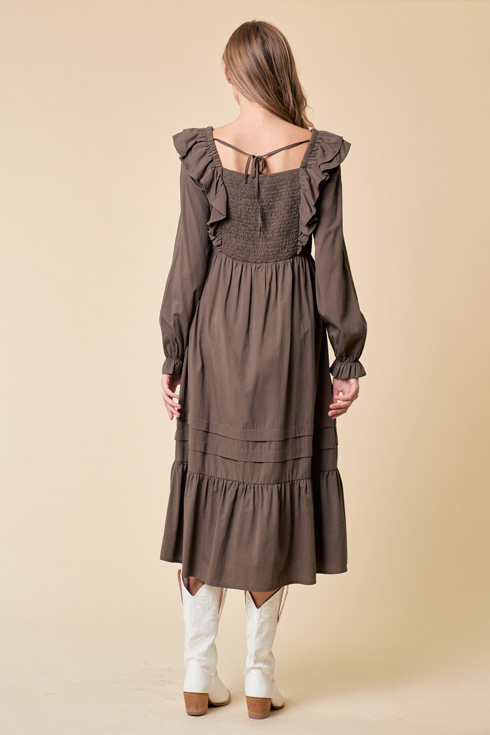 Cocktail Dresses Long Sleeve Tiered Midi Length Dress Olive