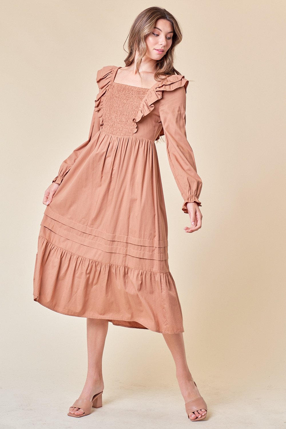 Cocktail Dresses Long Sleeve Tiered Midi Length Dress Toffee