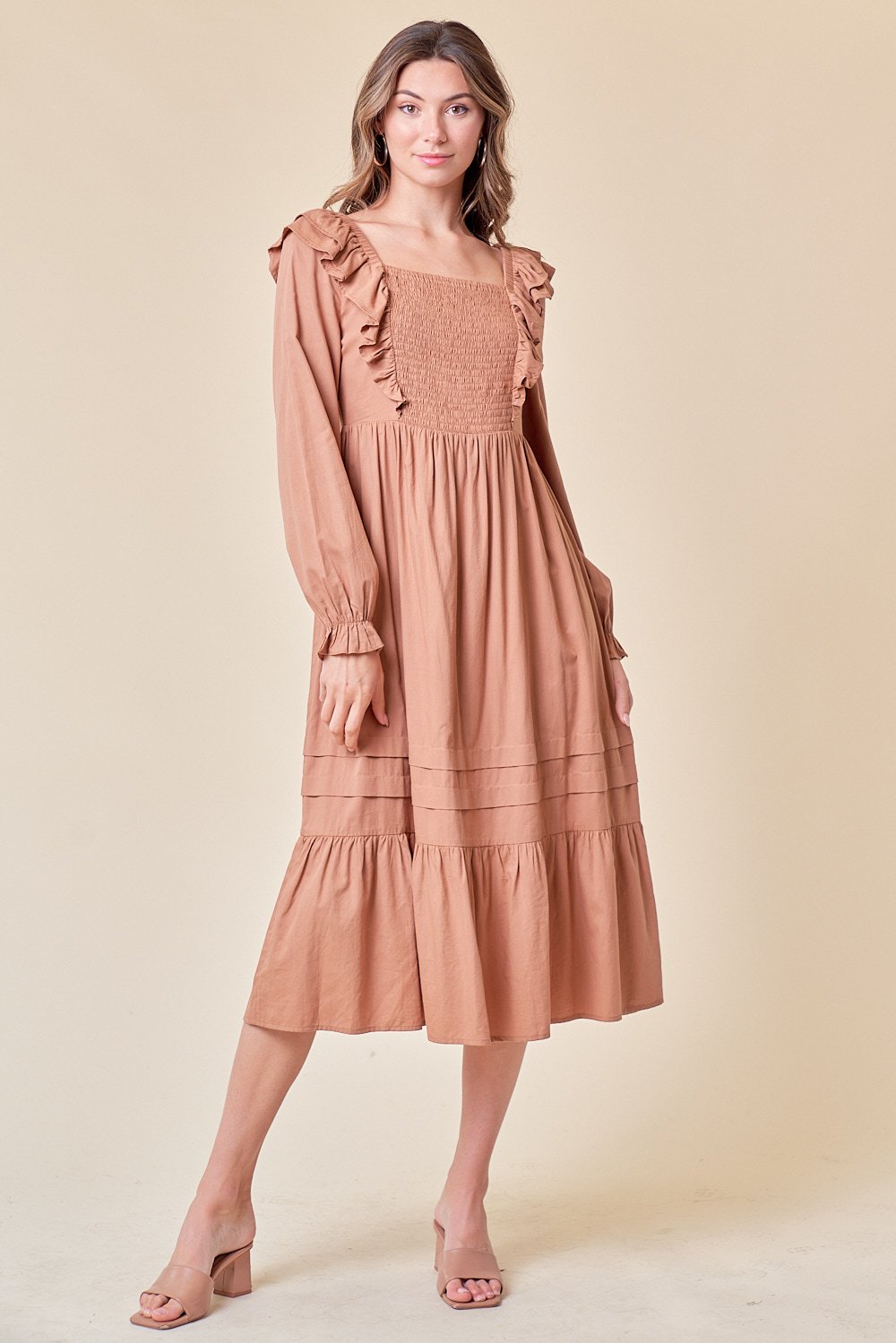 Cocktail Dresses Long Sleeve Tiered Midi Length Dress Toffee