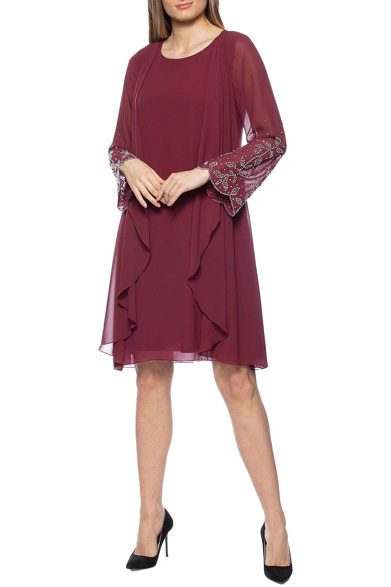 Marina  Short Scoop Neck Embellished Sleeve Dress