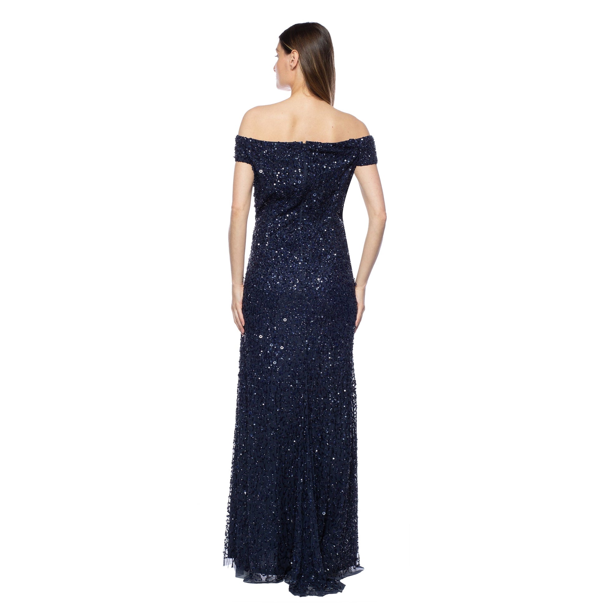 Marina Long Off Shoulder Formal Beaded Dress