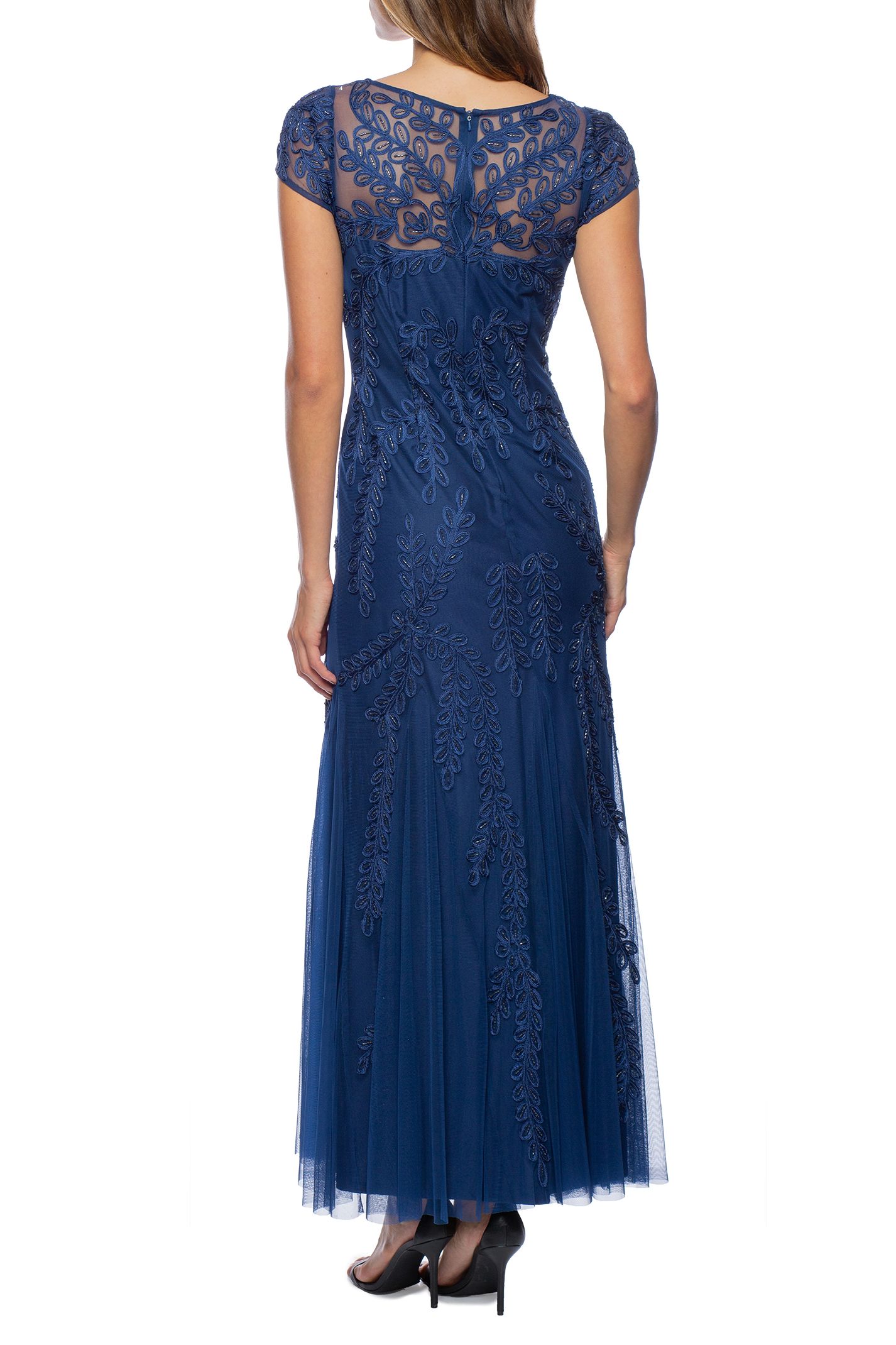 Marina  Long Illusion Boat Neck Mesh Dress