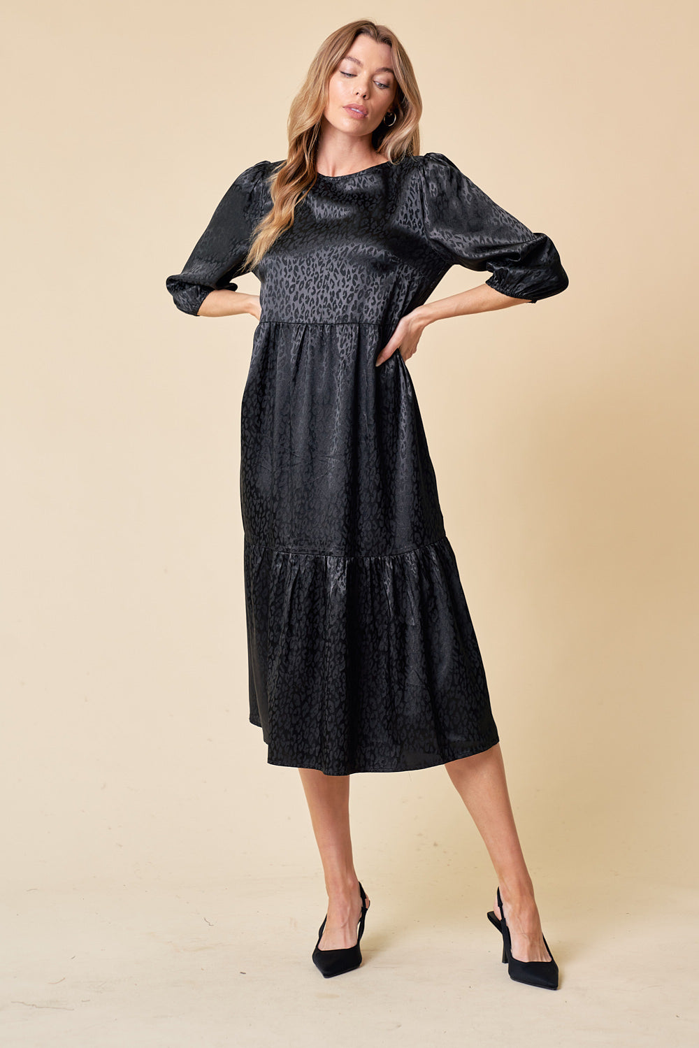 Toffee Semi Formal 3/4 Sleeve Tiered Midi Dress