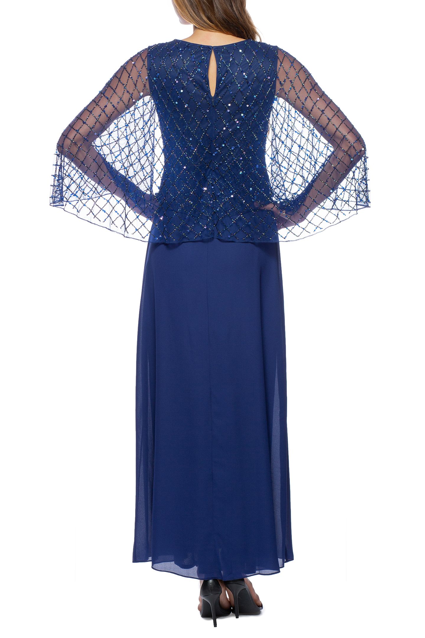 Marina  Long Sleeve Beaded Capelet Chiffon Dress