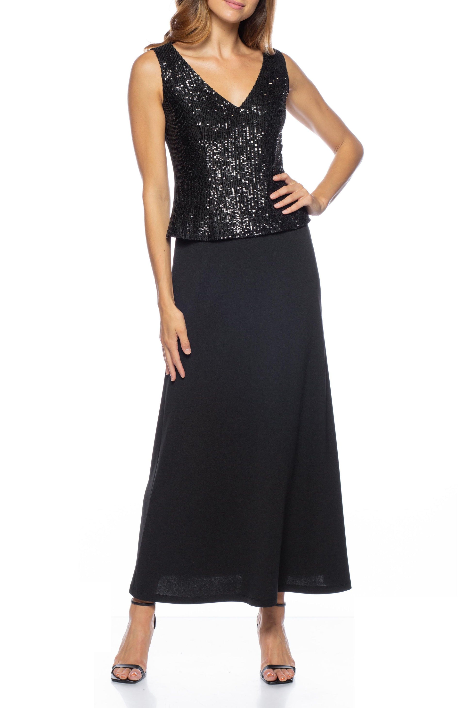 Marina Long V Neck Sequined Dress Jacket Set