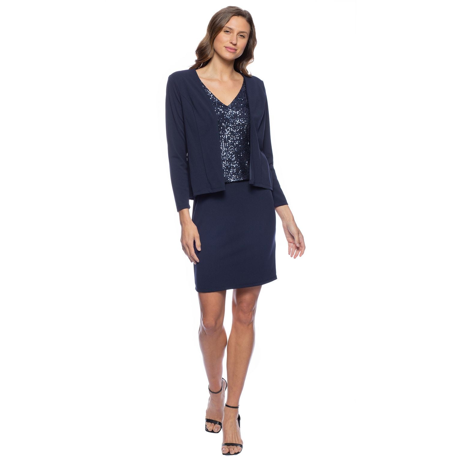 Marina  Long Sleeve V Neck Sequined Crepe Short 2 Piece Jacket Dress