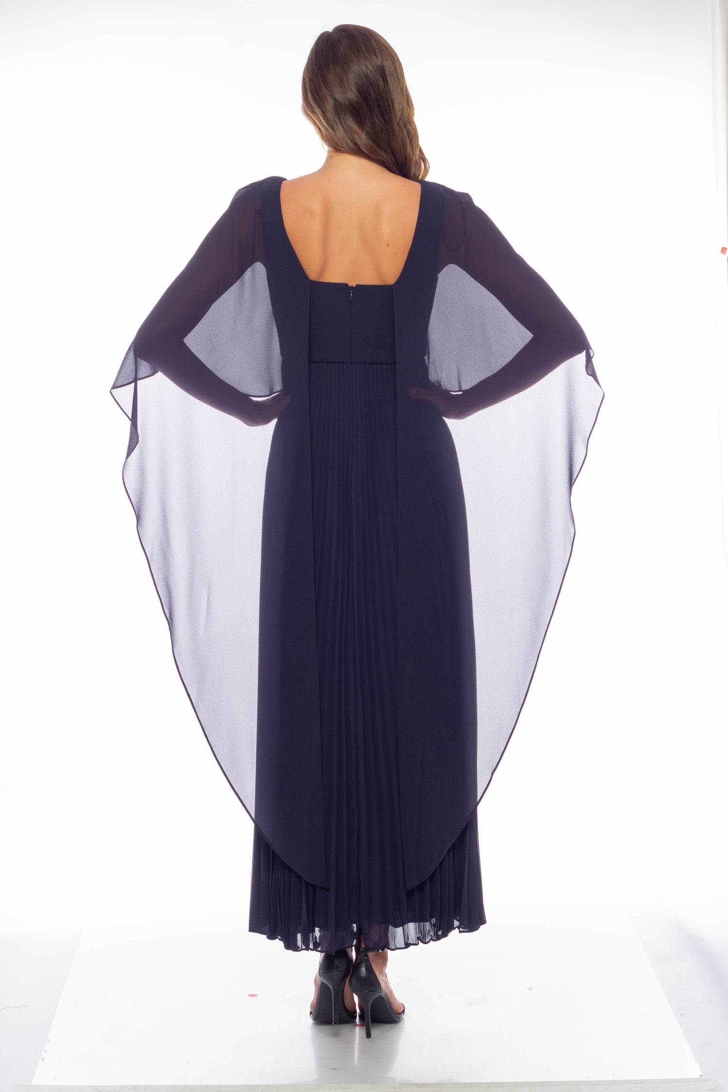 Formal Dresses Long Capelet Pleated Chiffon Dress Navy