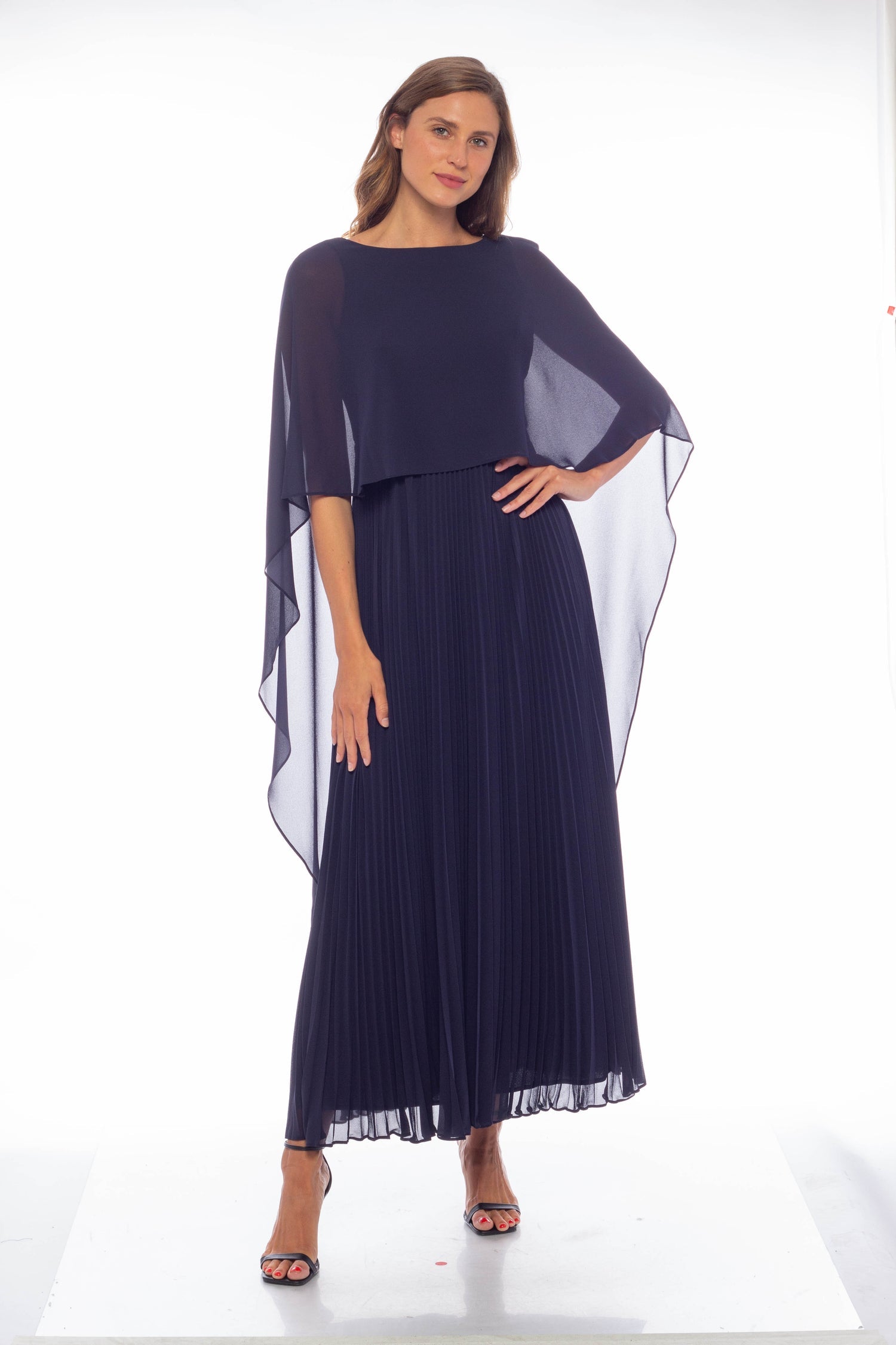 Formal Dresses Long Capelet Pleated Chiffon Dress Navy