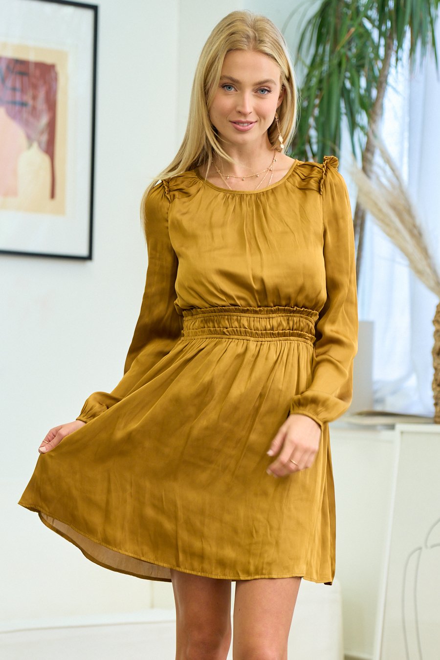 Cocktail Dresses Long Sleeve Smocked Waist Mini Dress Golden Mustard