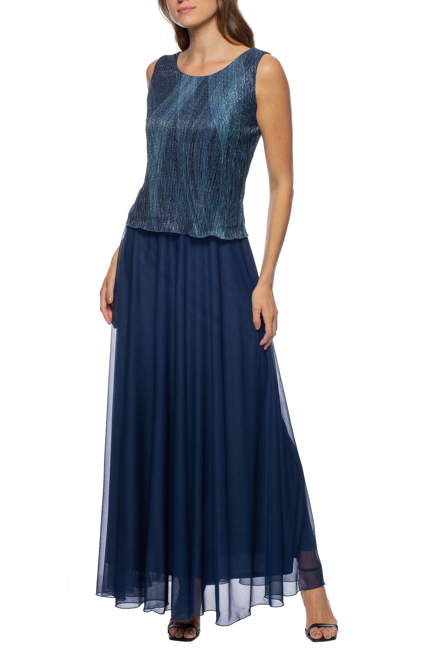 Mother of the Bride Dresses Long Metallic Top Chiffon Jacket Dress Navy Multi