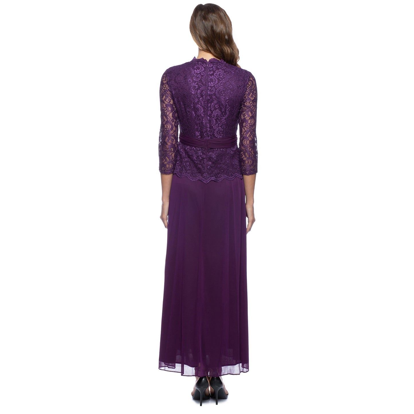 Marina Long 3/4 Sleeve Lace Bodice Formal Dress