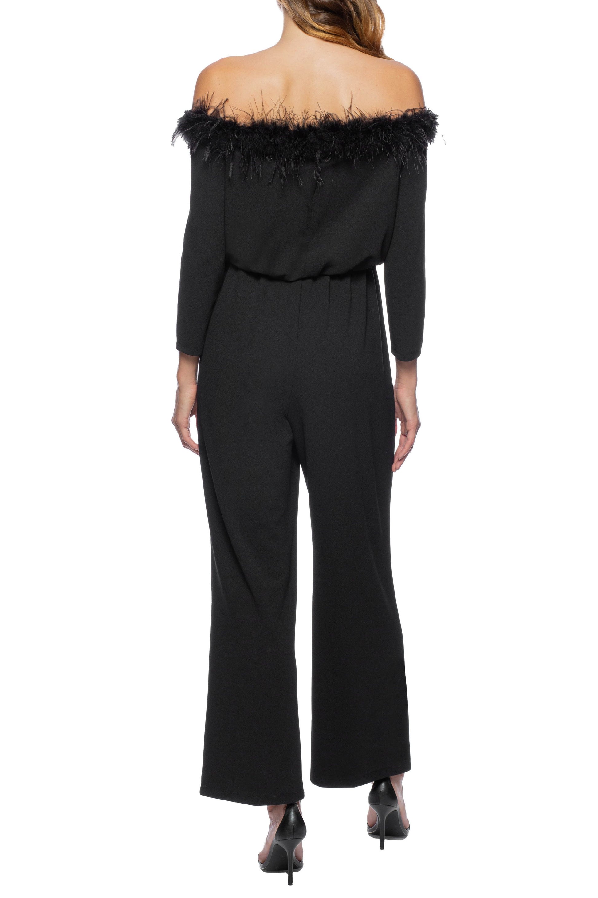 Marina  Feather Detail Off Shoulder Crepe Jumpsuit