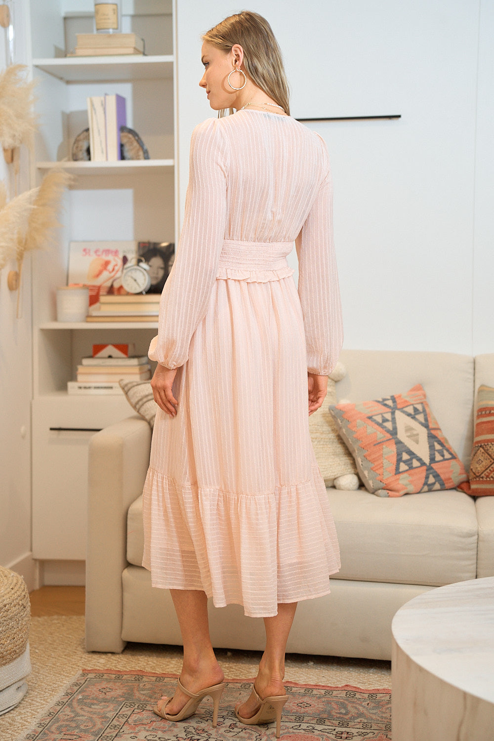 Cocktail Dresses Long Sleeve V Neck Midi Length Dress Blush