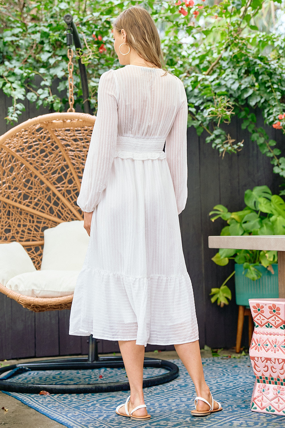 Cocktail Dresses Long Sleeve V Neck Midi Length Dress Off White