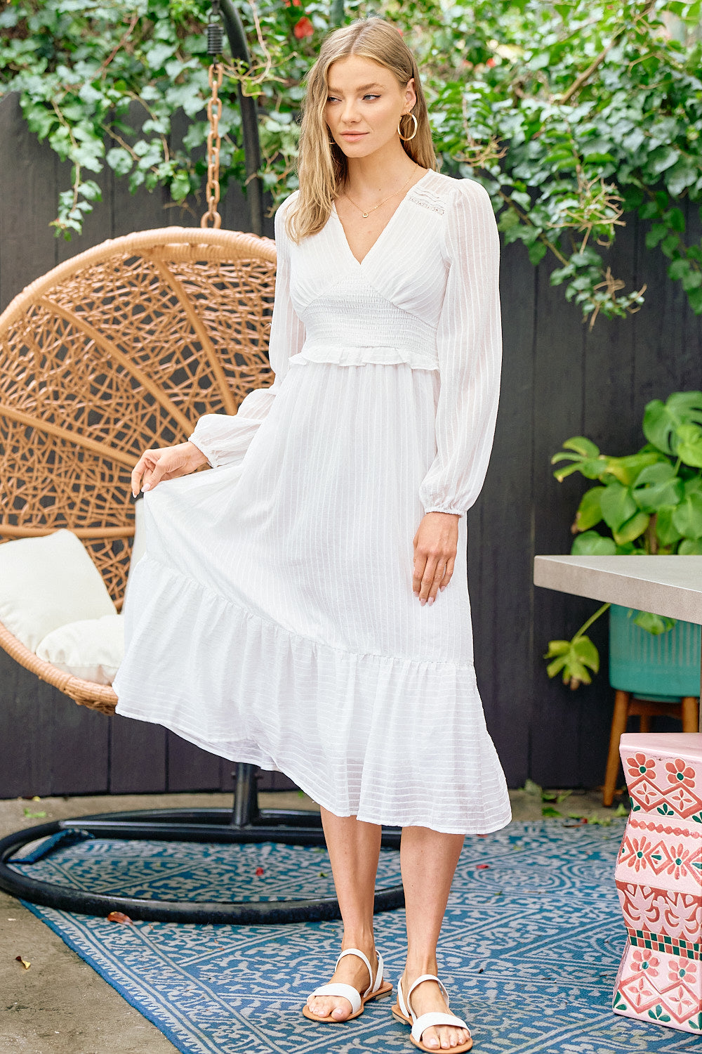Cocktail Dresses Long Sleeve V Neck Midi Length Dress Off White