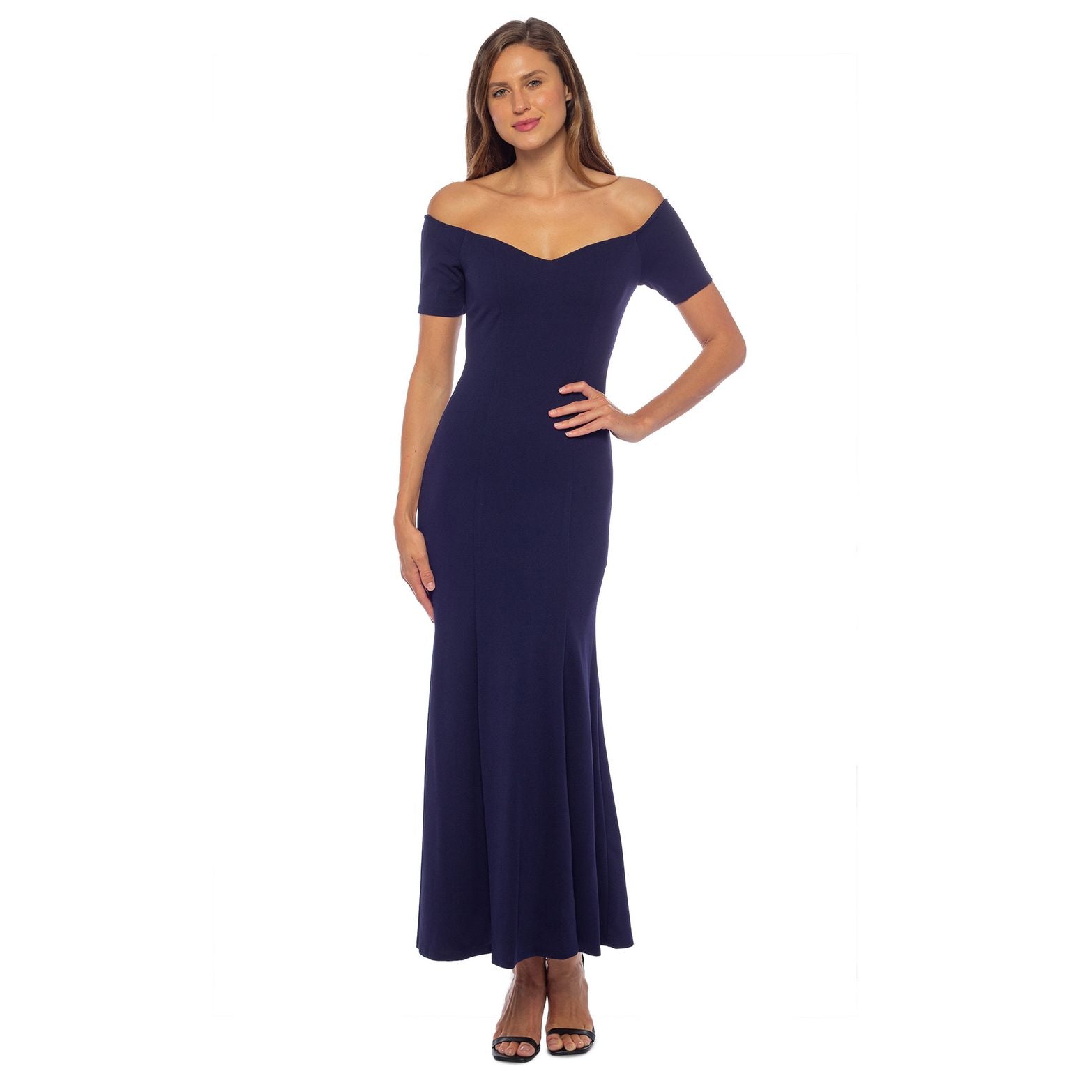Marina Short Sleeve Off Shoulder Scuba Crepe Long Dress