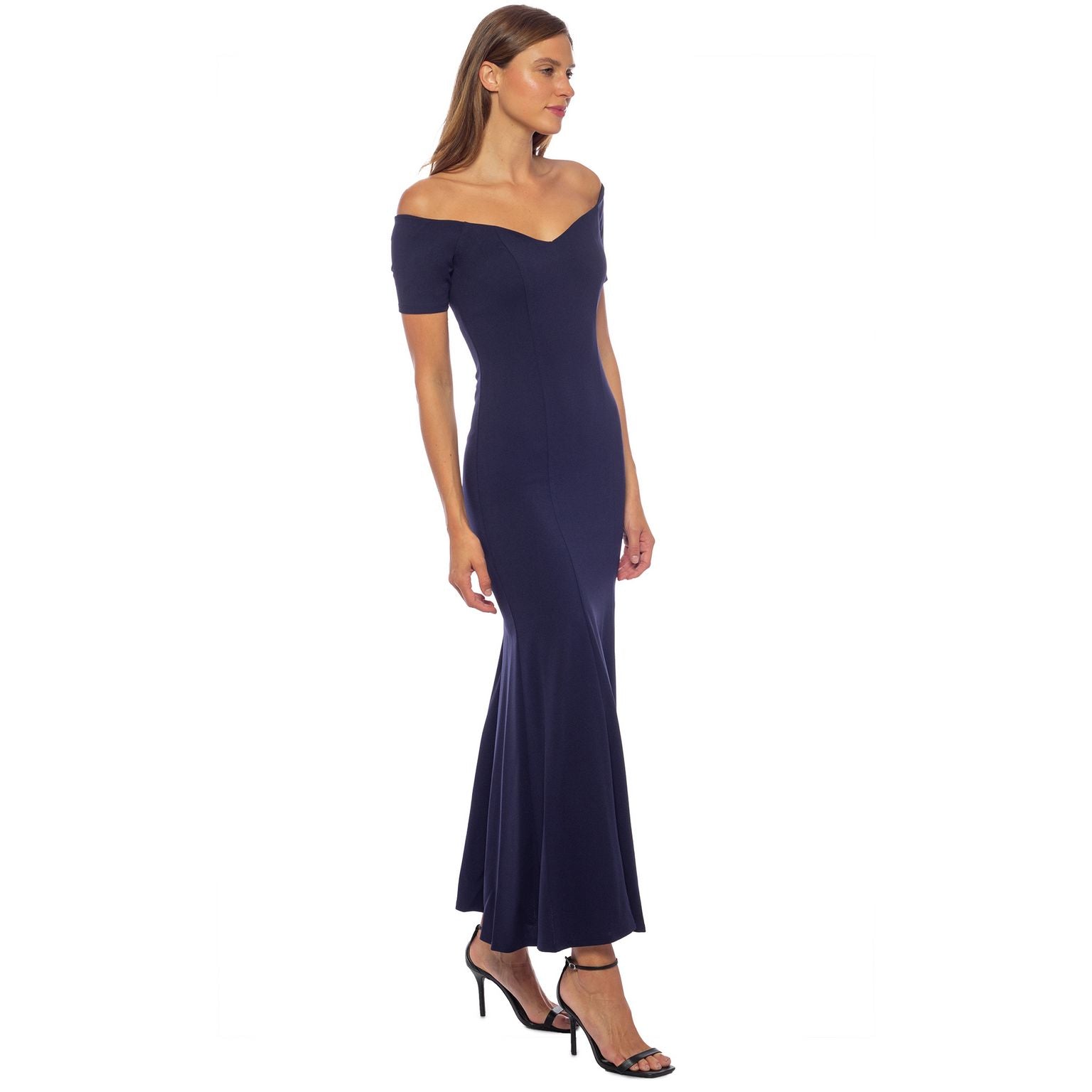 Marina Short Sleeve Off Shoulder Scuba Crepe Long Dress