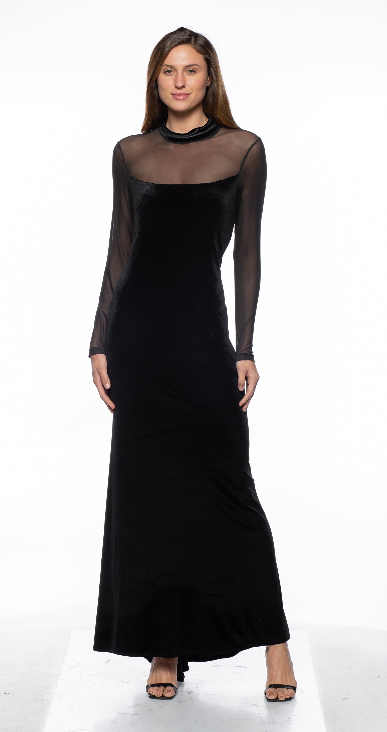 Formal Dresses Long Velvet Mesh Sleeve Dress Black