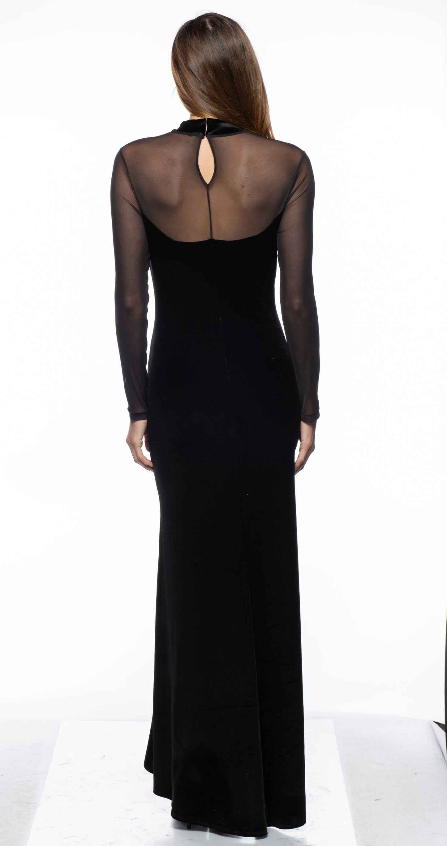 Formal Dresses Long Velvet Mesh Sleeve Dress Black