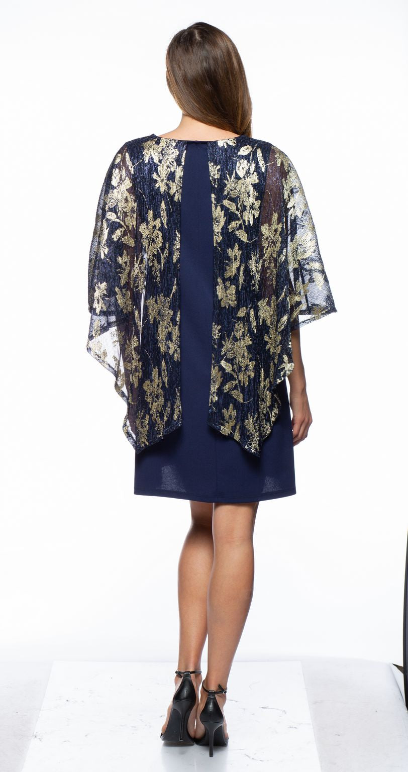 Marina  Short Metallic Print Cape Dress