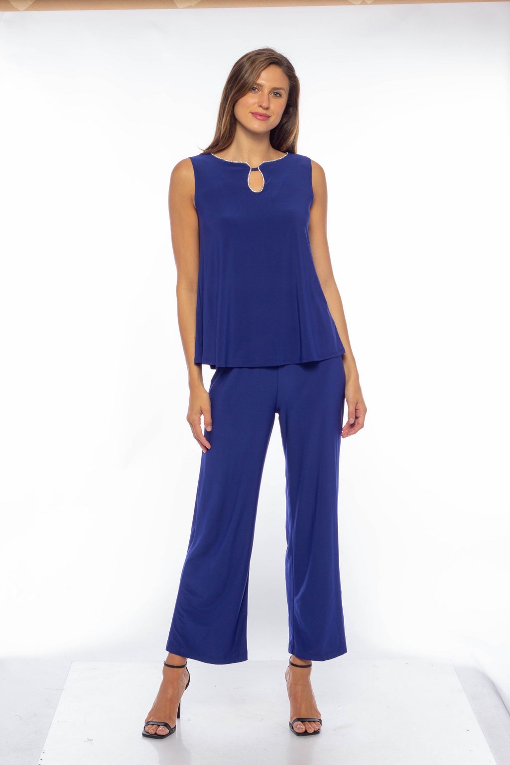 Marina  Rhinestone Keyhole Crepe 3 Piece Pant Set