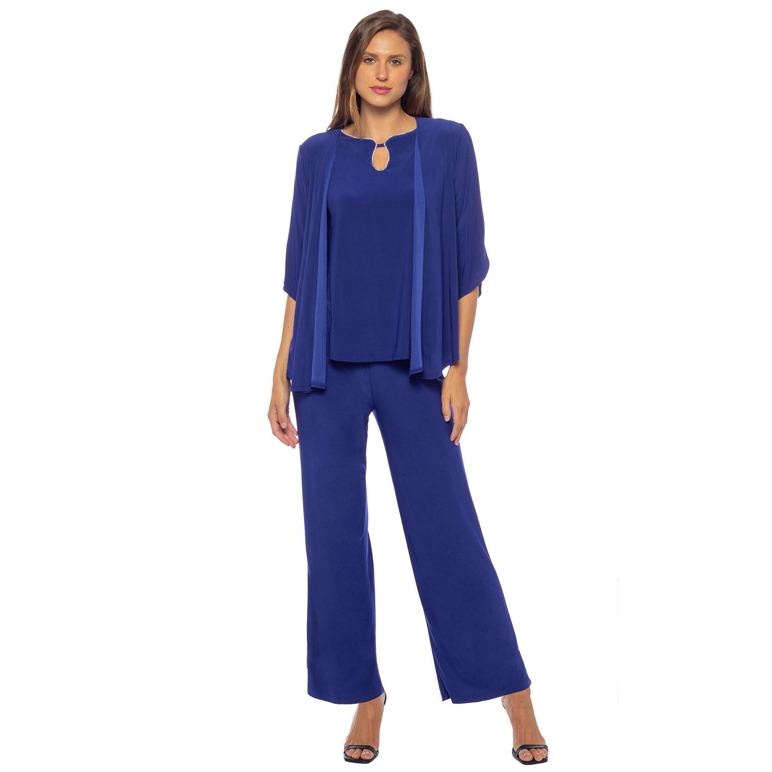 Marina  Rhinestone Keyhole Crepe 3 Piece Pant Set