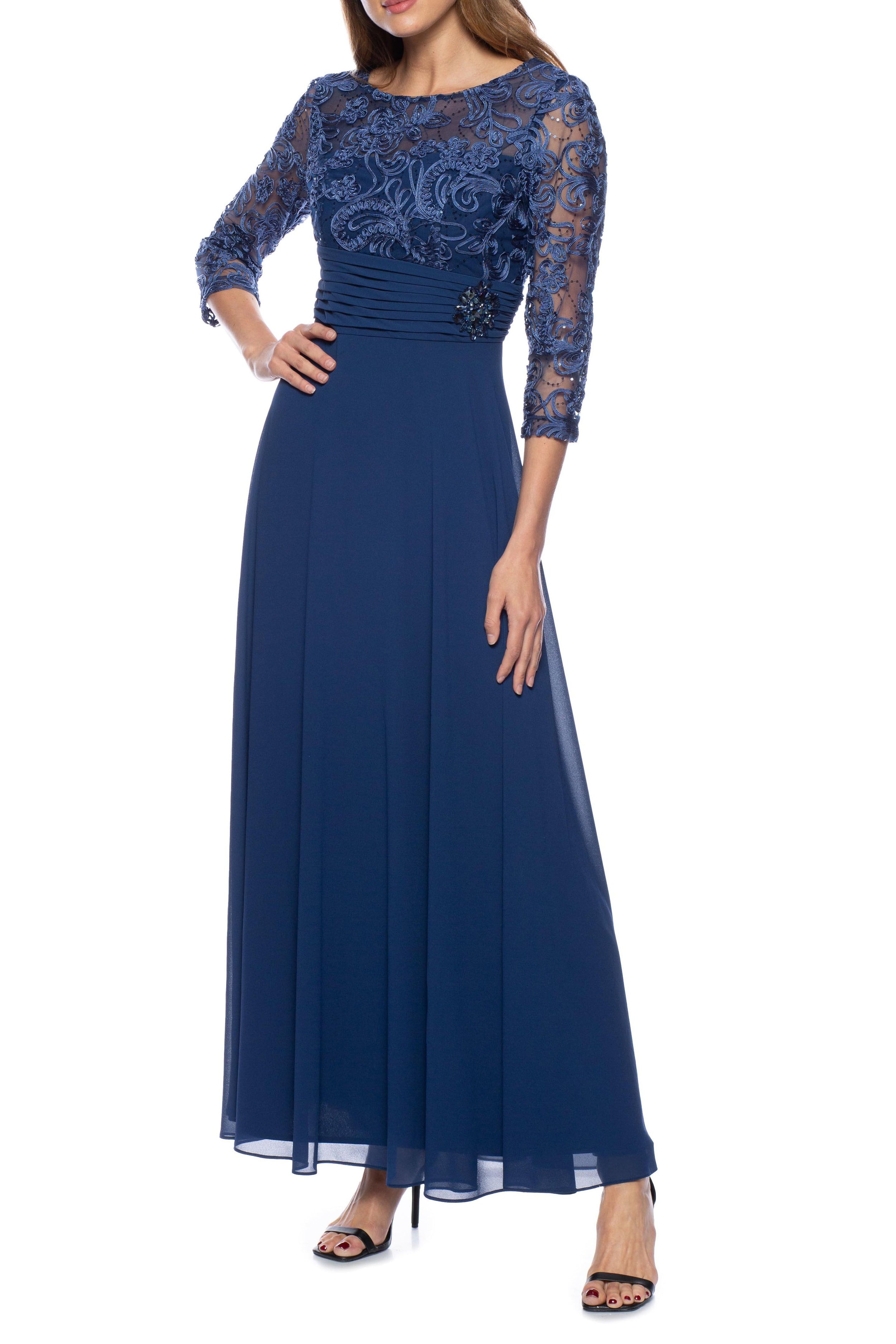 Mother of the Bride Dresses Long Embellished Bodice Pleated Waist Dress Navy
