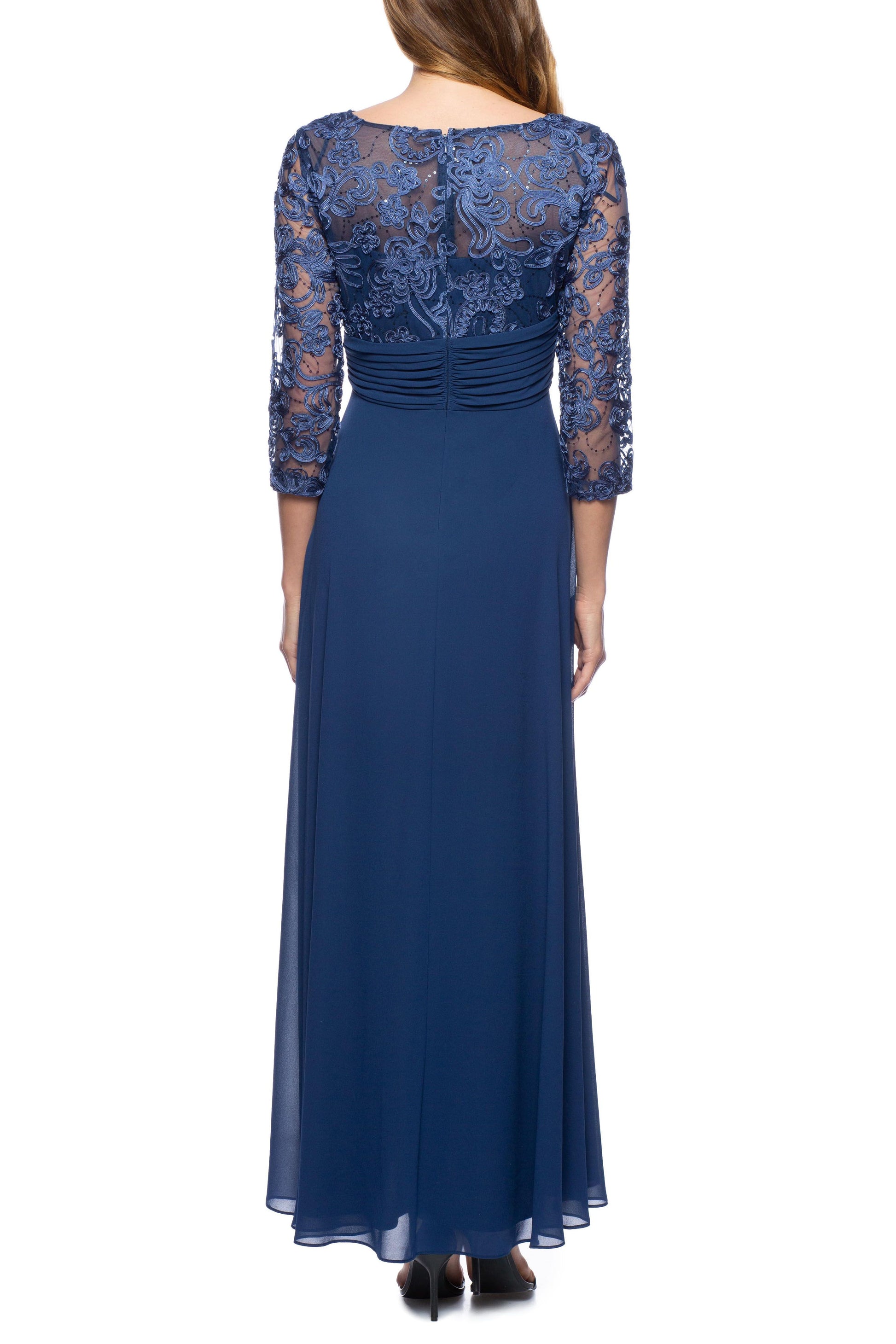 Marina  Long Embellished Bodice Pleated Waist Dress