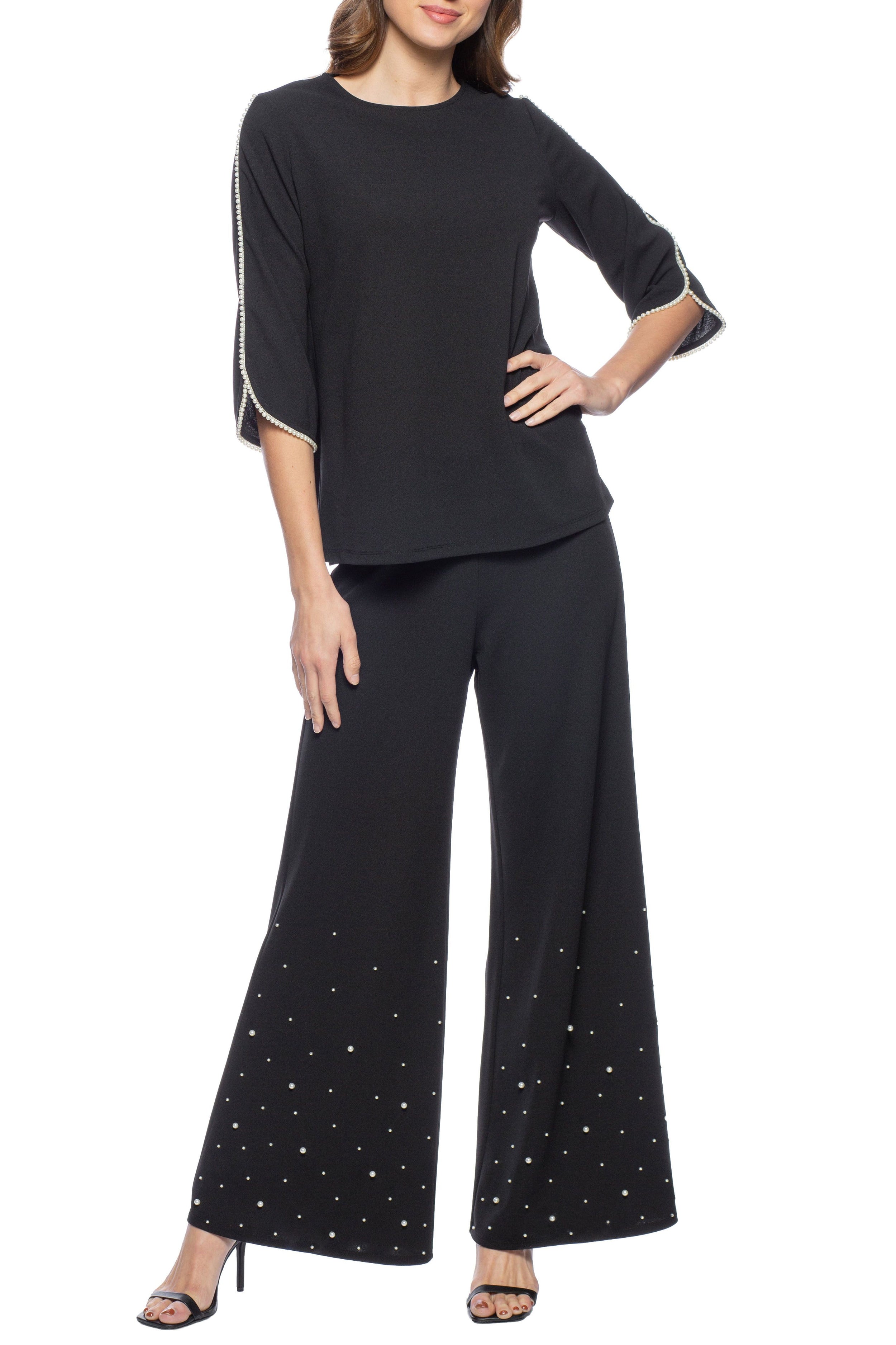 Pant Suit Embellished Sleeve Crepe Top with Straight Leg Pants Set Black