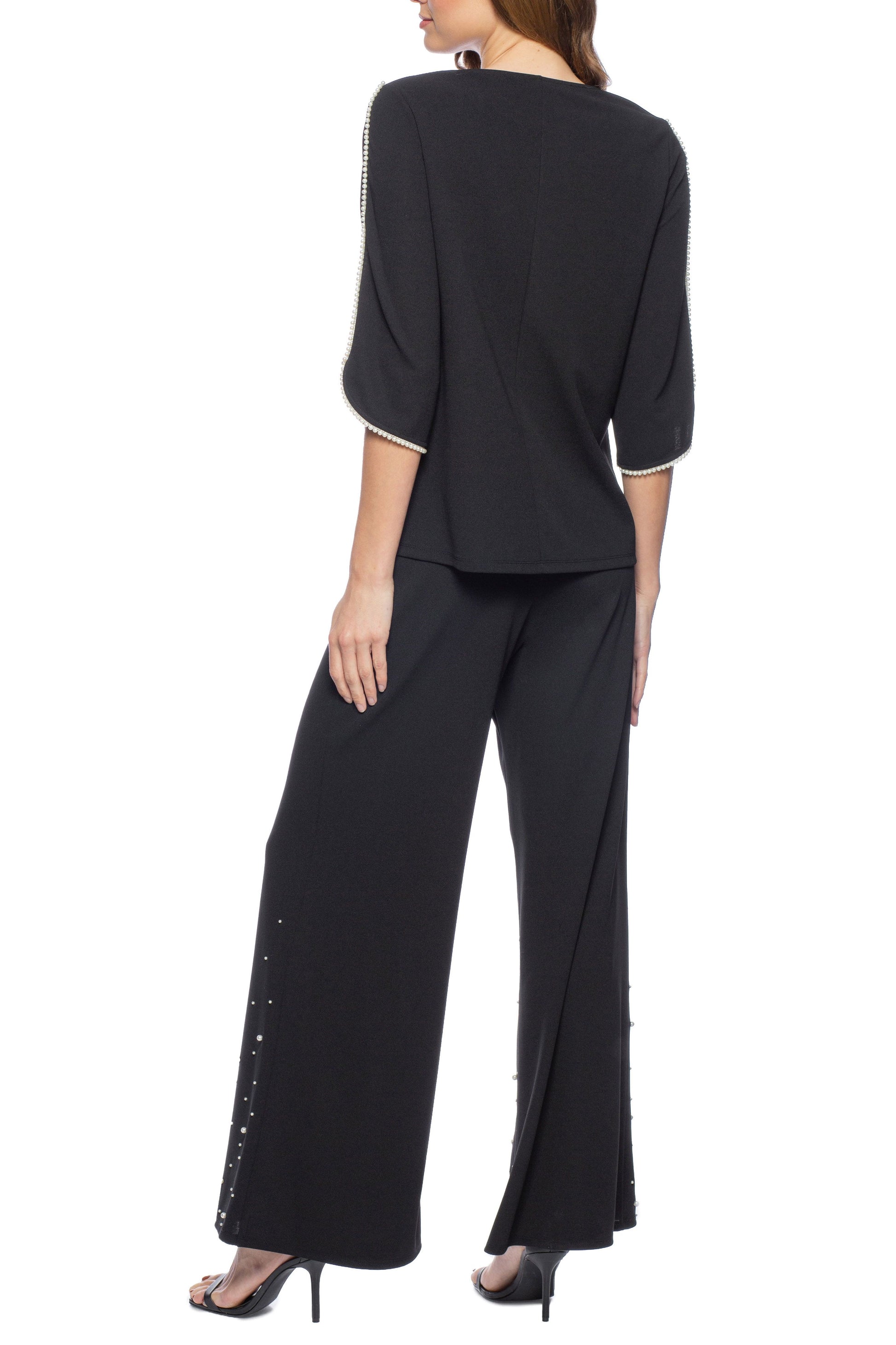 Marina  Embellished Sleeve Crepe Top with Straight Leg Pant Set